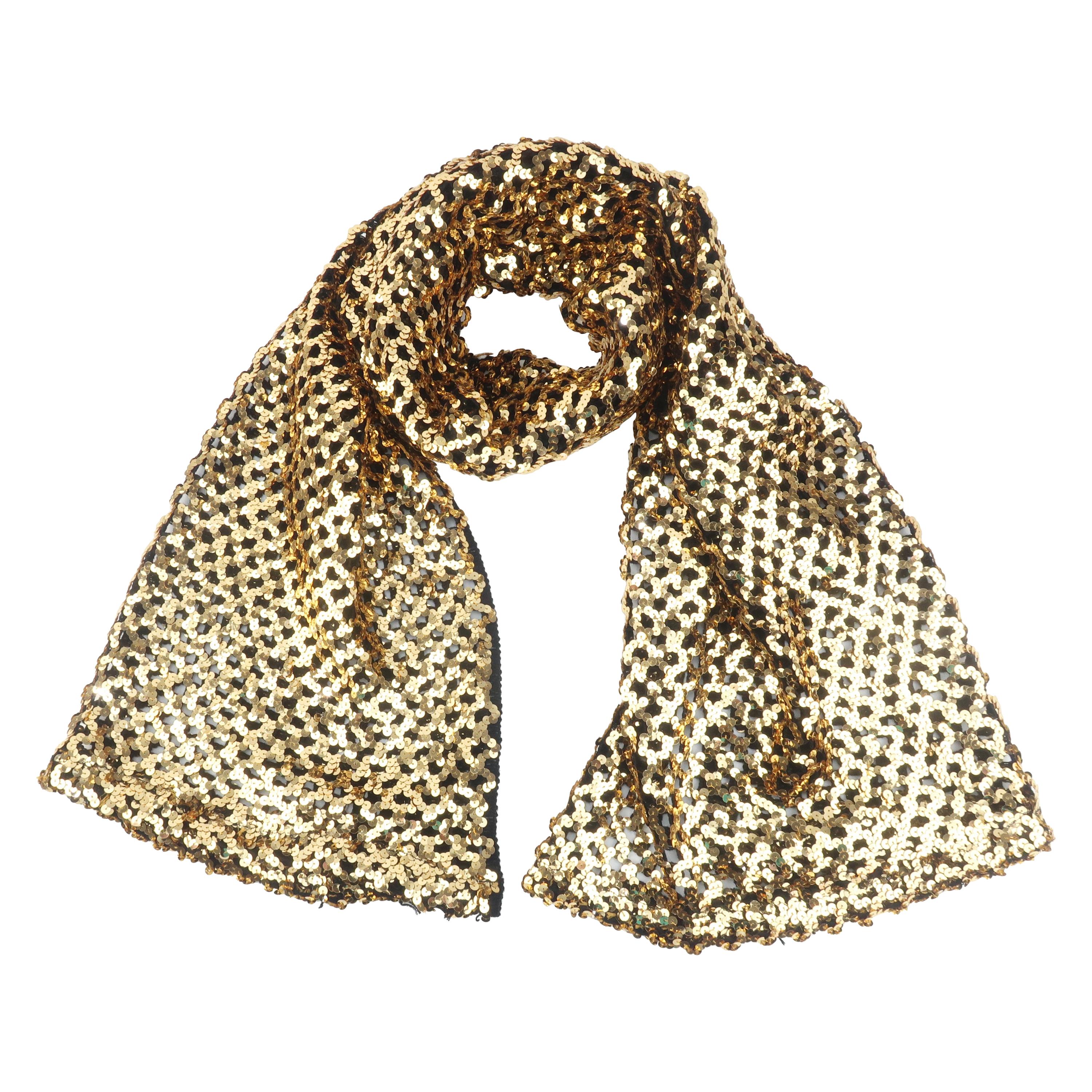 Gold Sequin Black Crochet Knit Scarf Shawl Wrap