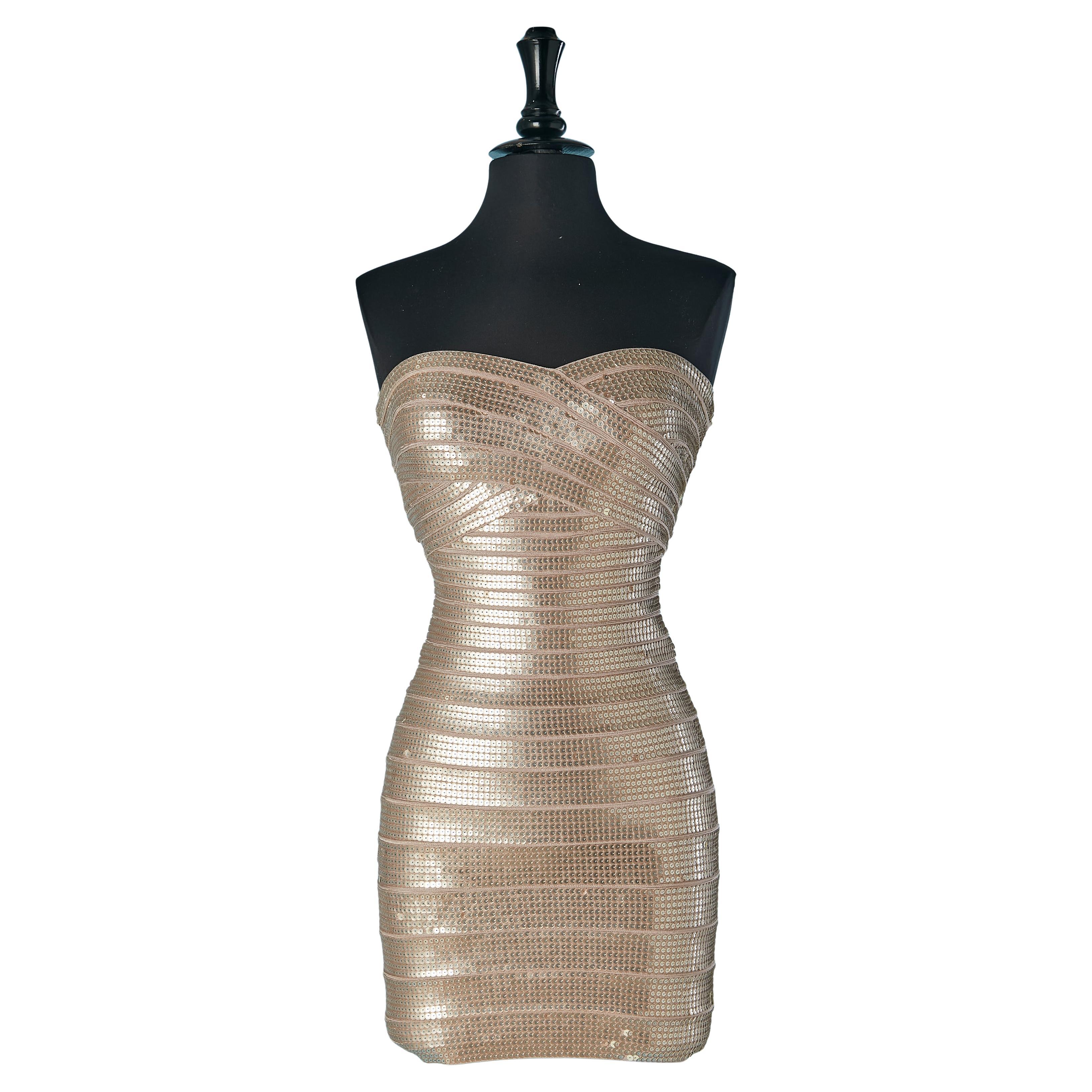 Vestido corpiño de lentejuelas doradas sobre rayón elástico Hervé Léger en venta