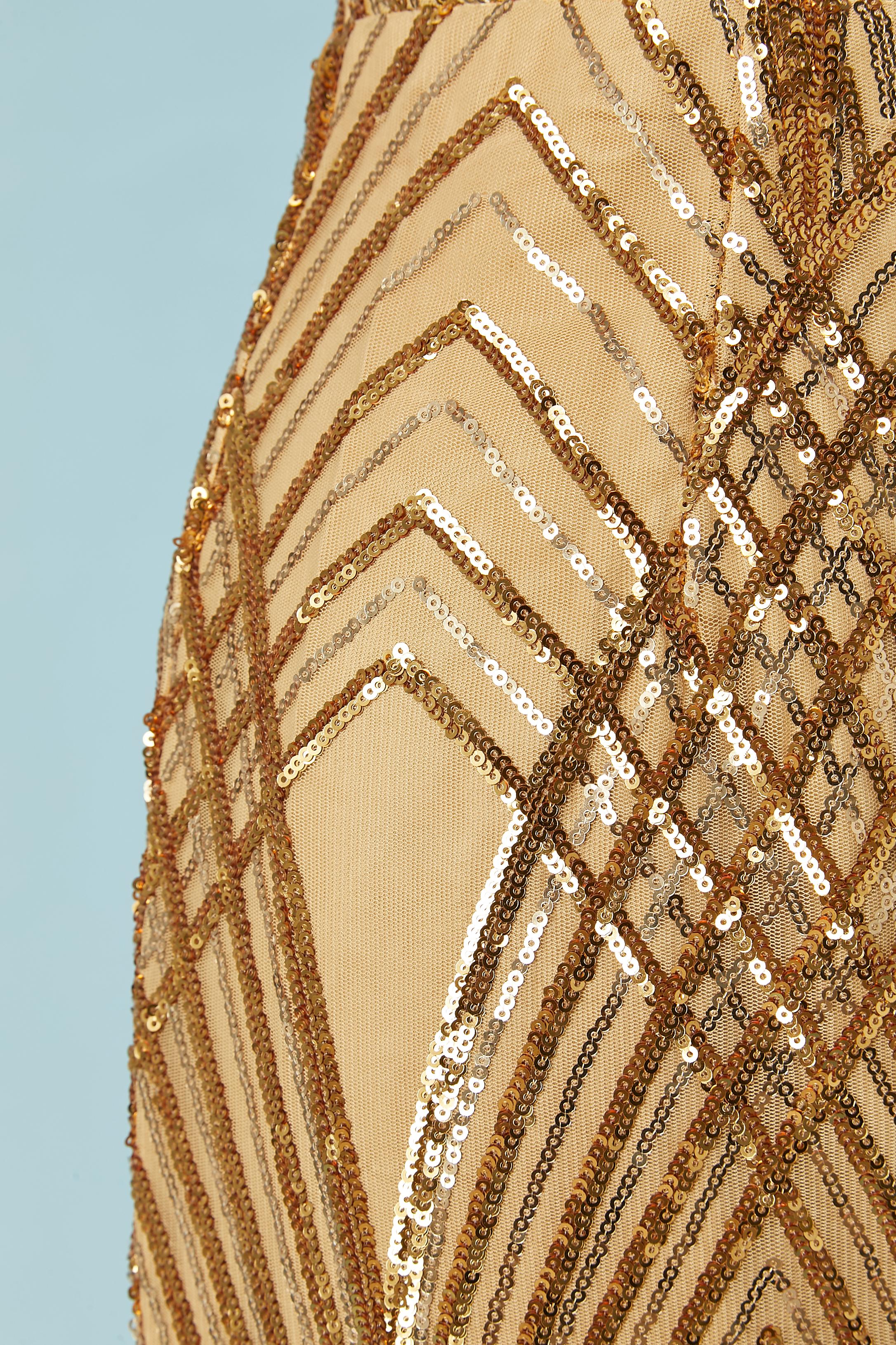 Robe de soirée à sequins dorés fendue à l'avant et dentelle à l'arrière Pour femmes en vente