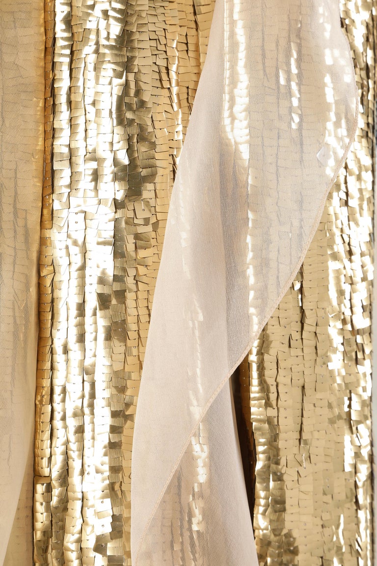 Women's Gold sequin evening gown with beige silk ruffles Carolina Herrera  For Sale