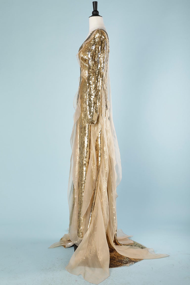 Gold sequin evening gown with beige silk ruffles Carolina Herrera  For Sale 1