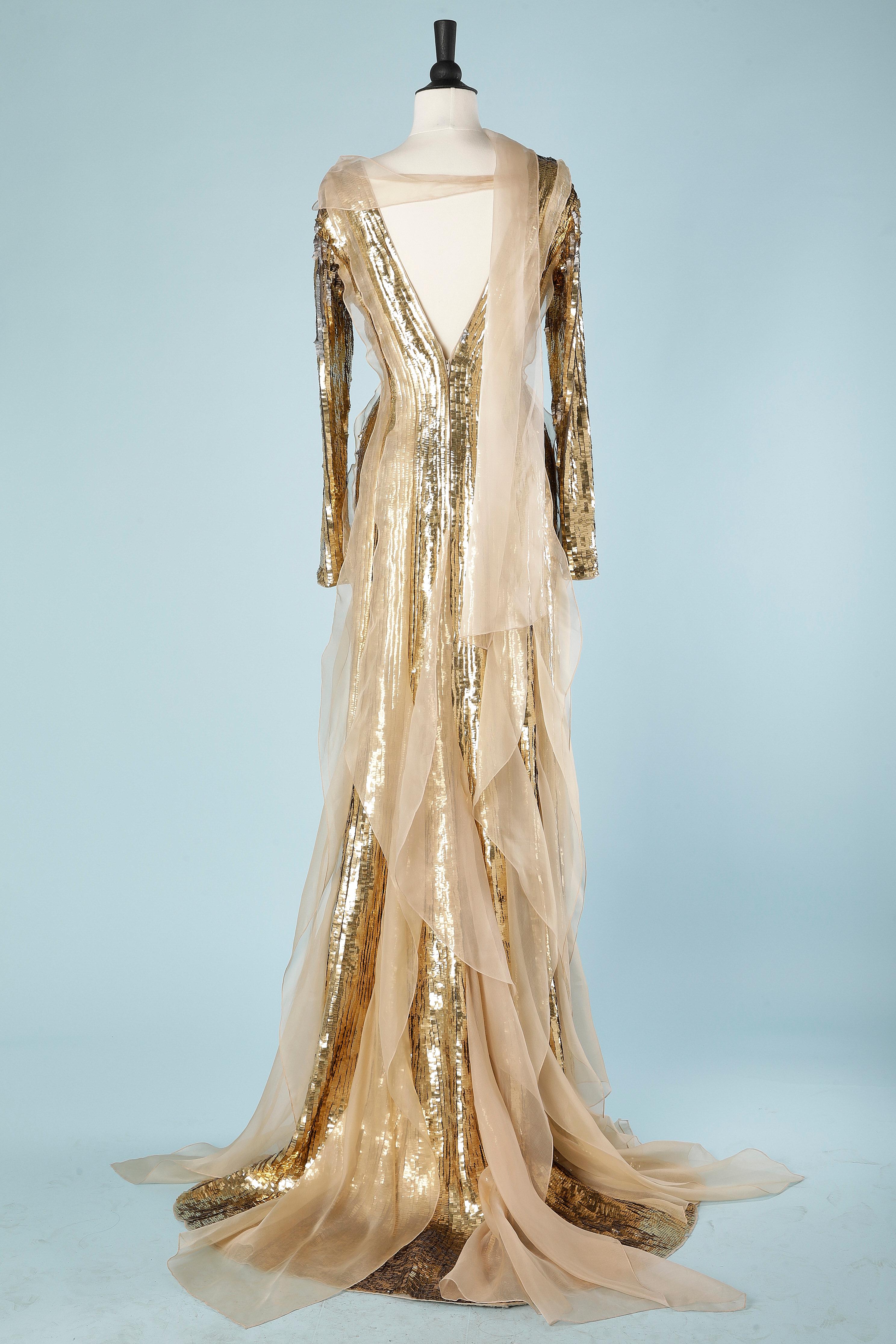 Beige Gold sequin evening gown with beige silk ruffles Carolina Herrera  For Sale