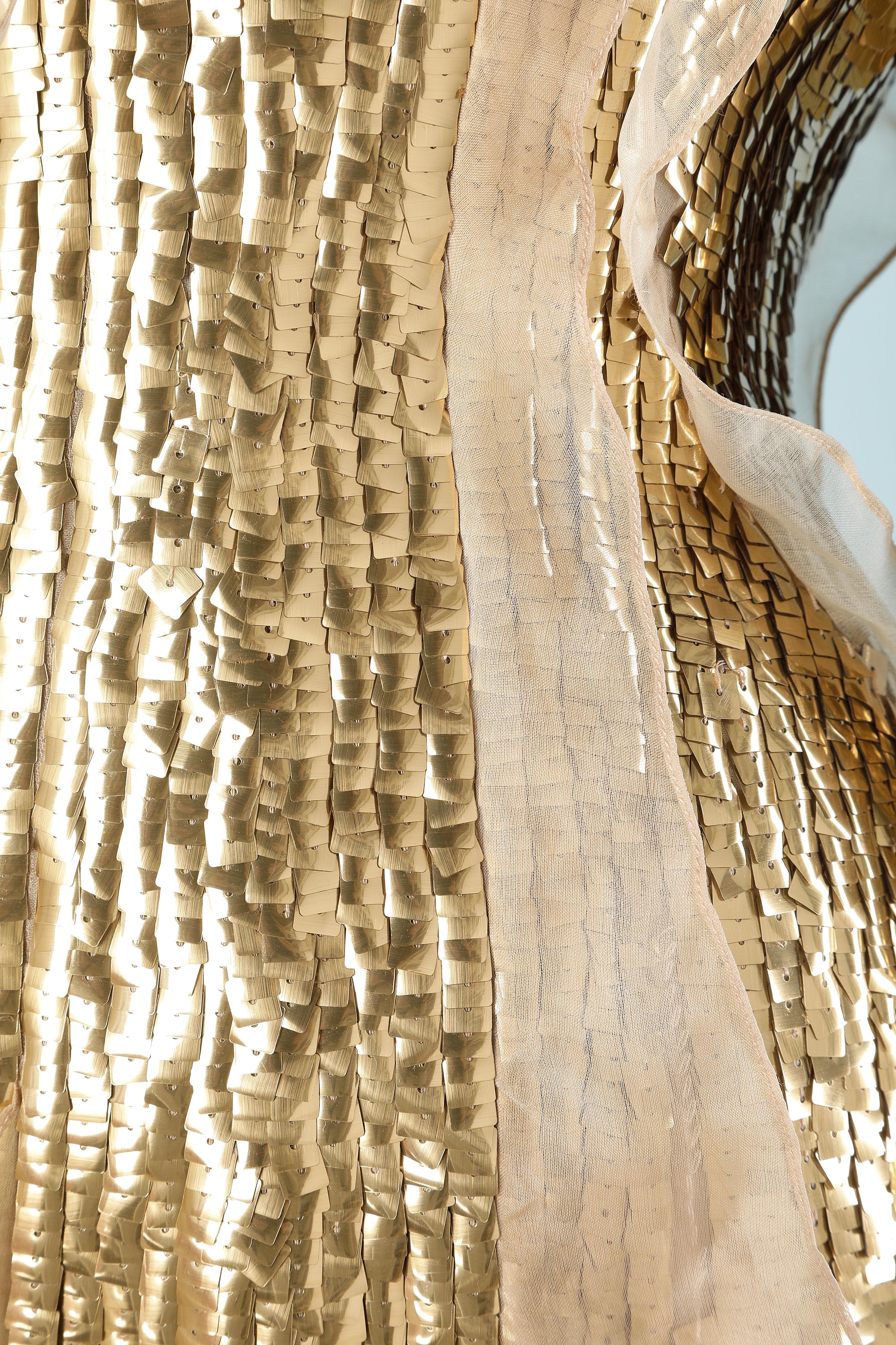 Gold sequin evening gown with beige silk ruffles Carolina Herrera  For Sale 1