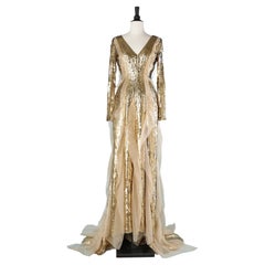 Gold sequin evening gown with beige silk ruffles Carolina Herrera 