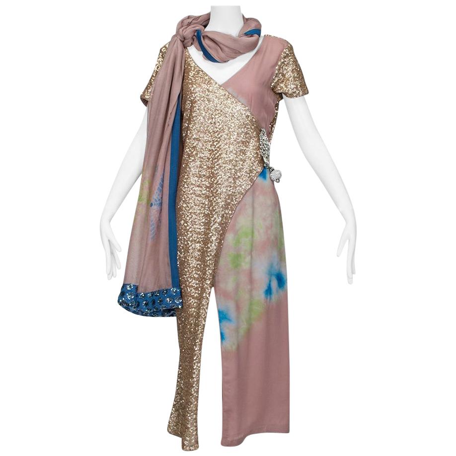 Gold Sequin Tie Dye Silk Sari with Pavé Crystal Hip Brooch and Sash - M-L, 1960s