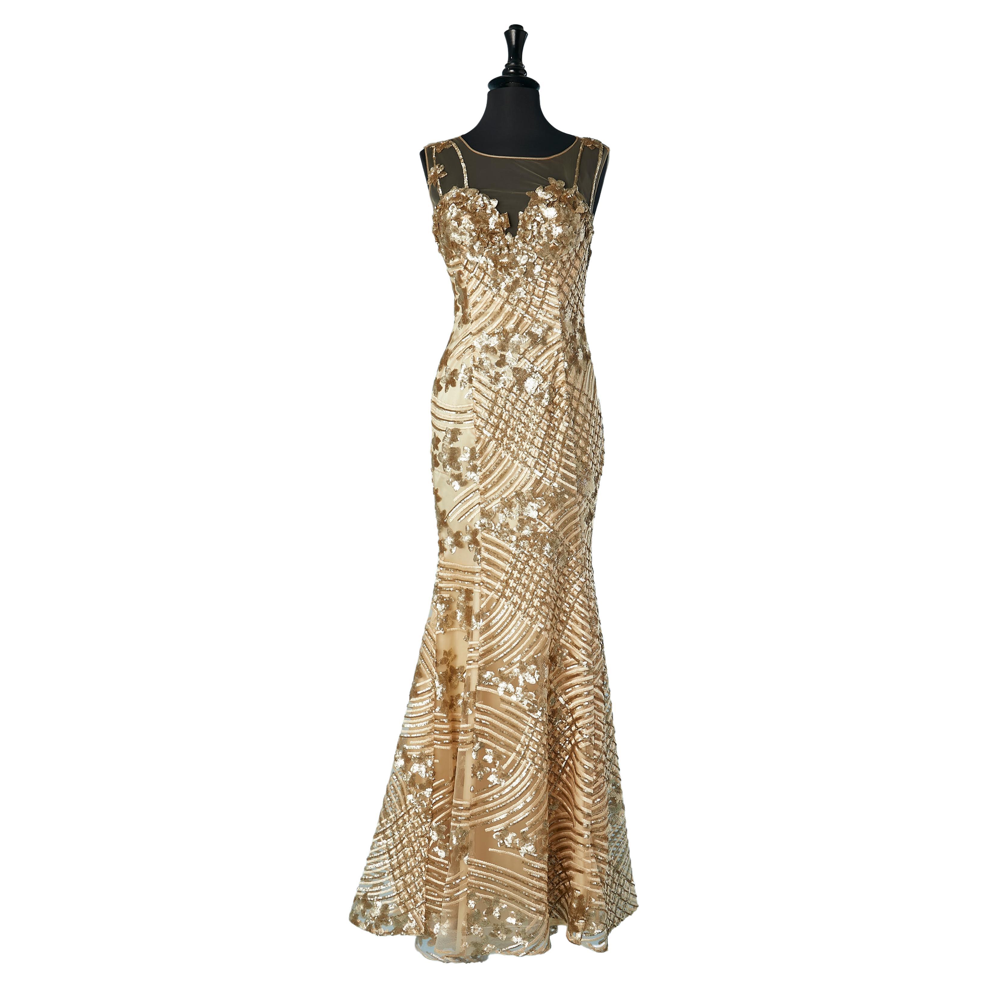 Gold sequins with lurex threads embroideries Gai Mattiolo The Red Carpet  For Sale