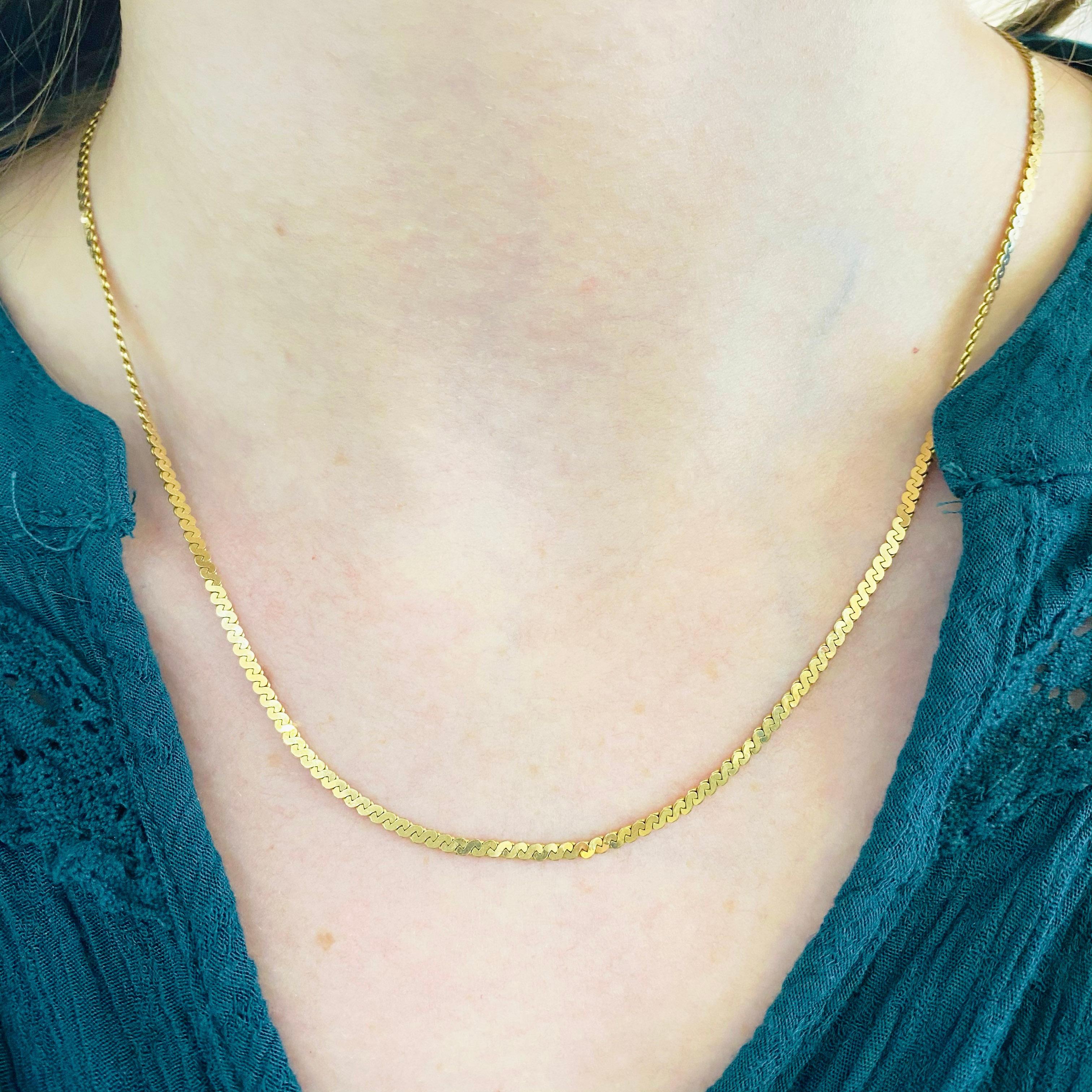 This serpentine chain is fluid and flexible and lays flat against the skin for a comfortable wear. This hand polished 14kt serpentine chain is a unique chain look that’s sure to get you noticed.

The details for this beautiful necklace are listed
