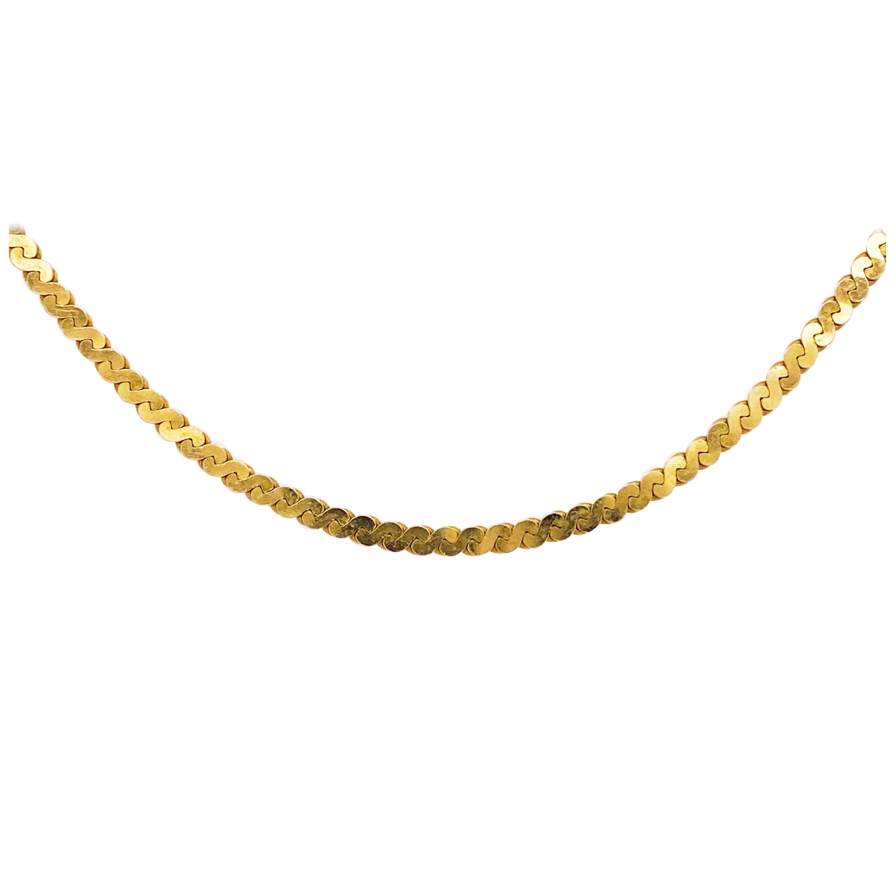 Gold Serpentine Chain in 14 Karat Yellow Gold, Flat Link Wide Chain For Sale