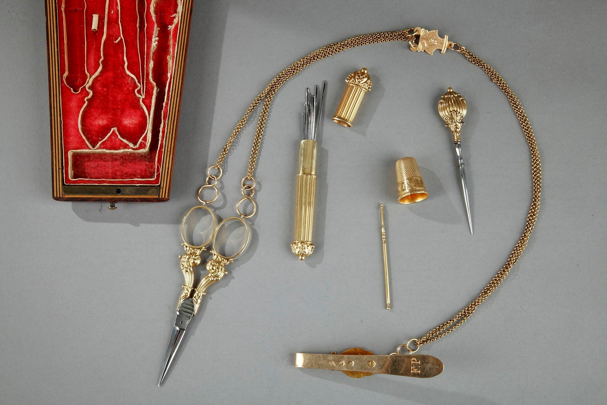 Restauration Gold Sewing Box with Chatelaine, Early 19th Century
