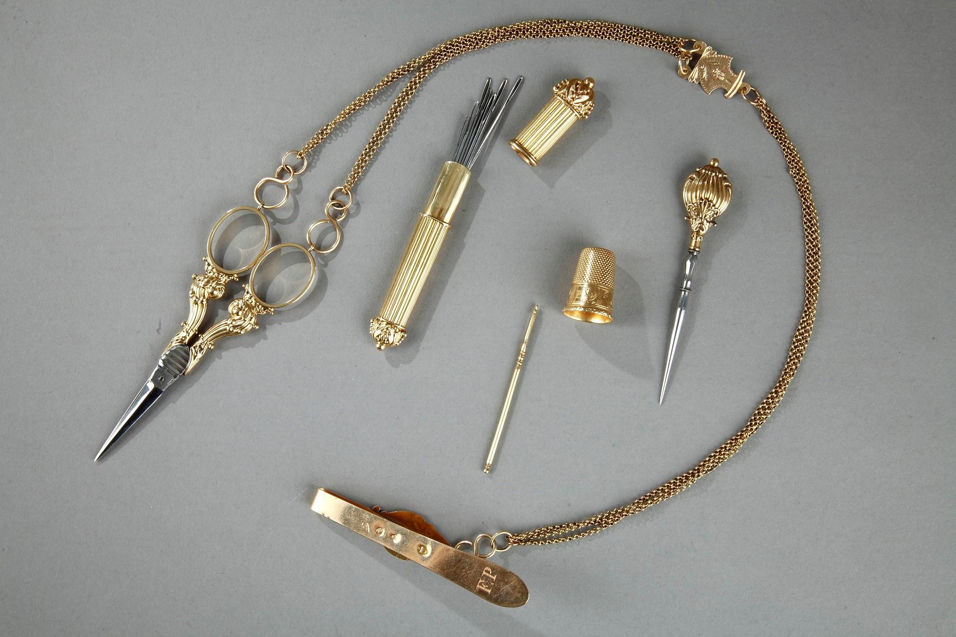 French Gold Sewing Box with Chatelaine, Early 19th Century