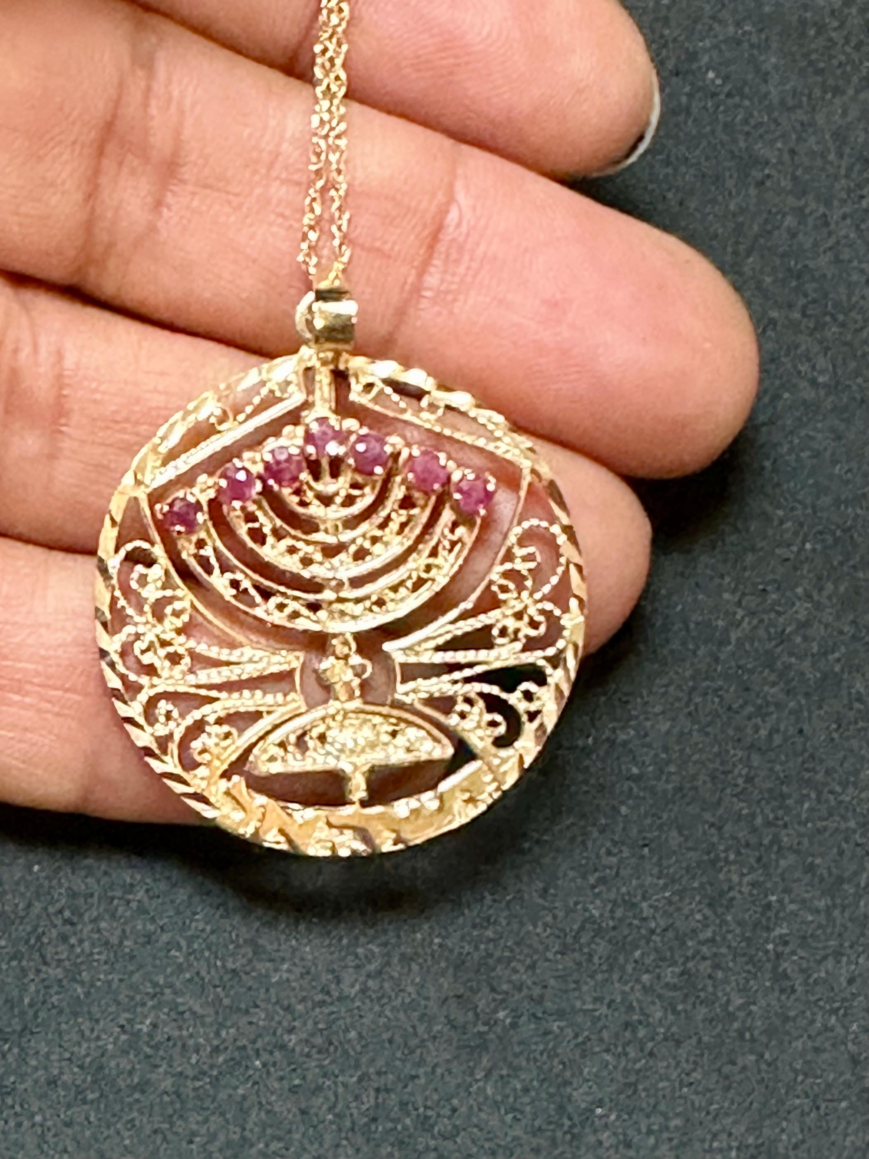 Women's or Men's Gold Shabbat Menorah Ruby Reversible to Turquoise Pendant Necklace with chain