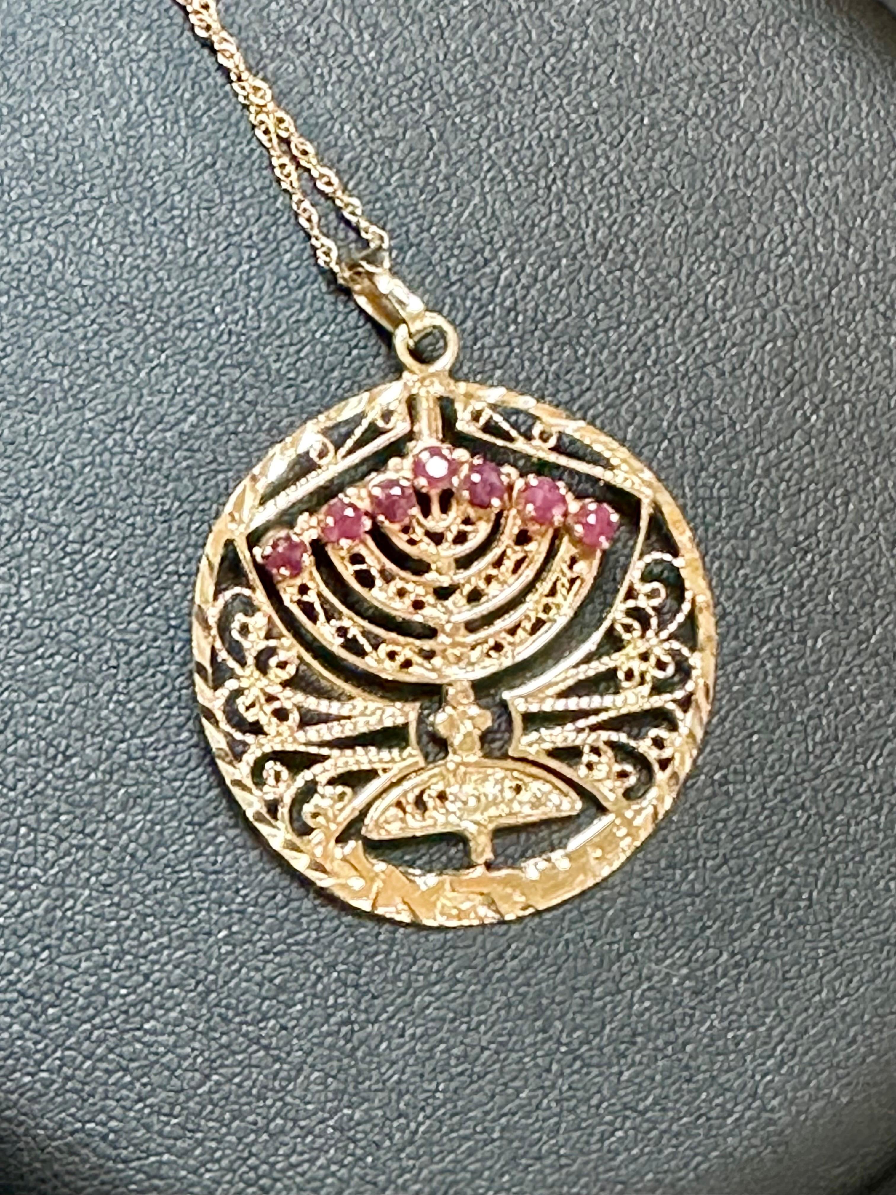Gold Shabbat Menorah Ruby Reversible to Turquoise Pendant Necklace with chain 2