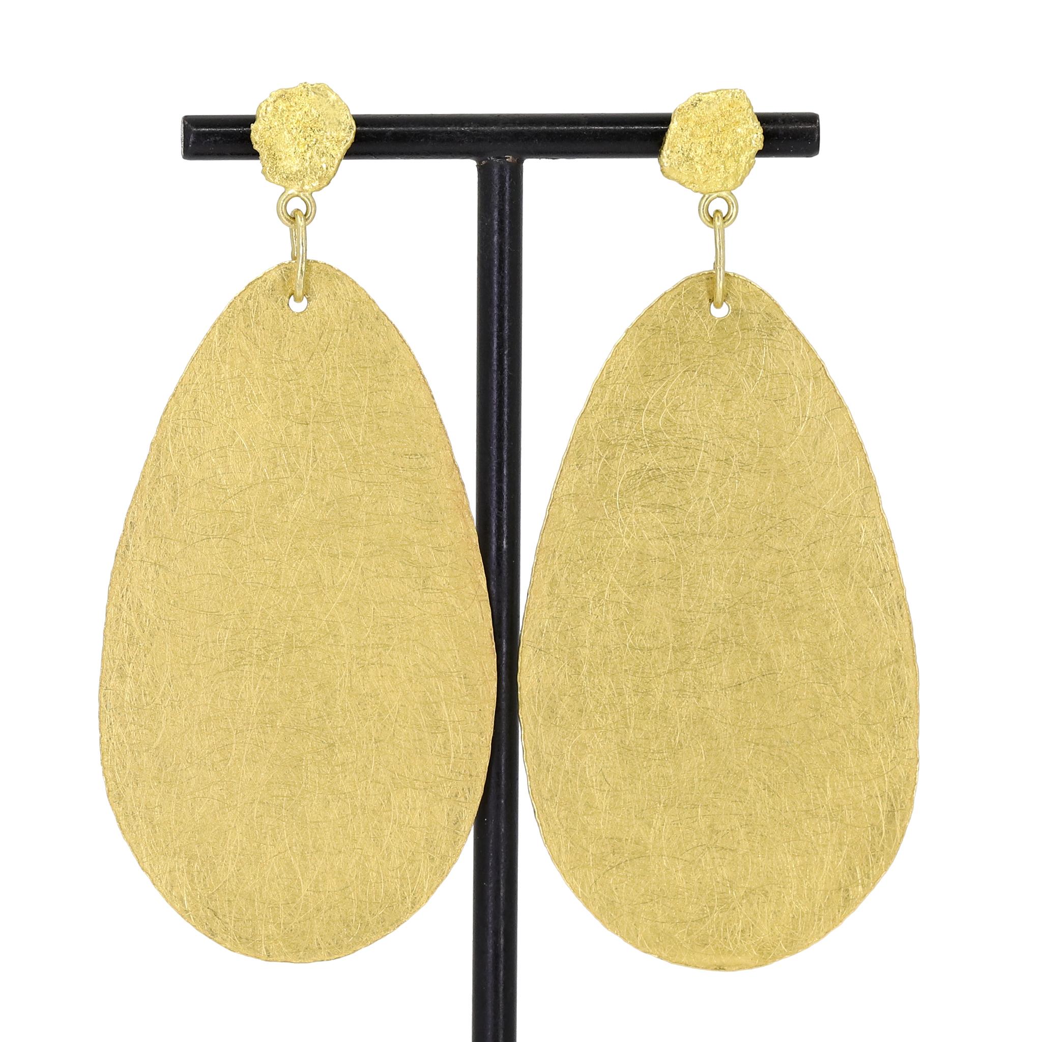 Elongated Oval Sheet XL Dangle Drop Earrings hand-fabricated by acclaimed jewelry maker Petra Class featuring intricately-finished extra large elongated oval 22k yellow gold sheets dangling from free-form 22k yellow gold studs finished with the