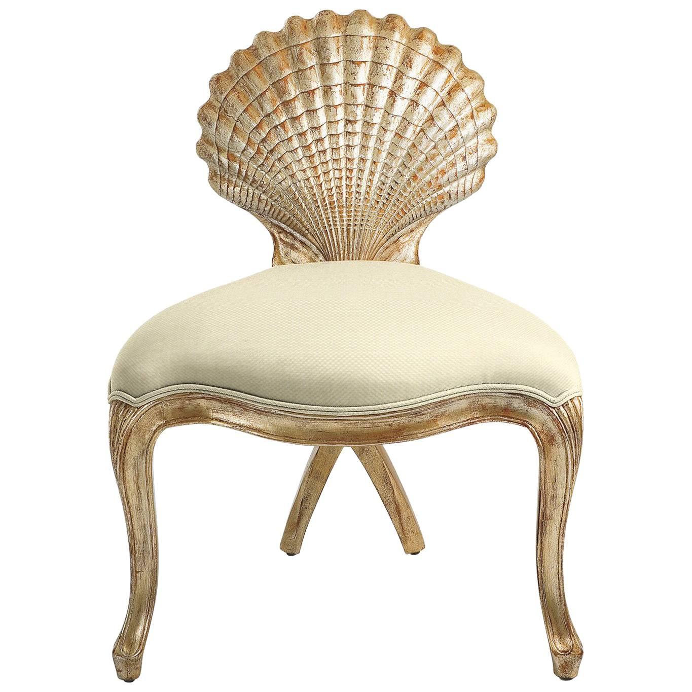Gold Shell Chair in Solid Hand-Carved Wood Silver Gilt Painting 