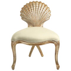 Gold Shell Chair in Solid Hand-Carved Wood Silver Gilt Painting 