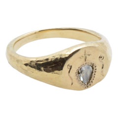 Gold Signet Ring 14 Karat with Rose Cut Diamond Engraved Star