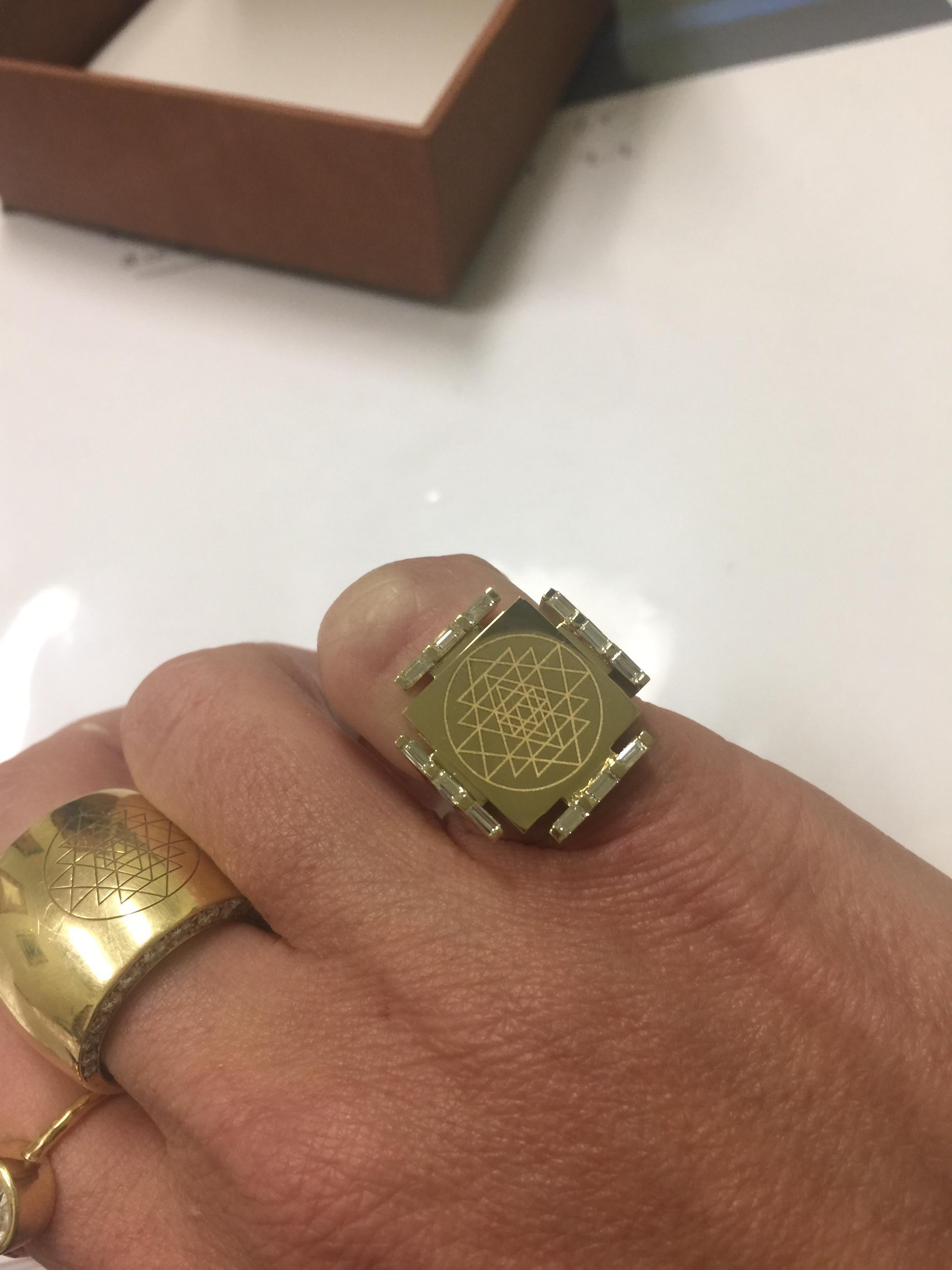 Baguette Cut Gold Signet Ring with Diamonds and  Sri Yantra Engraving  For Sale