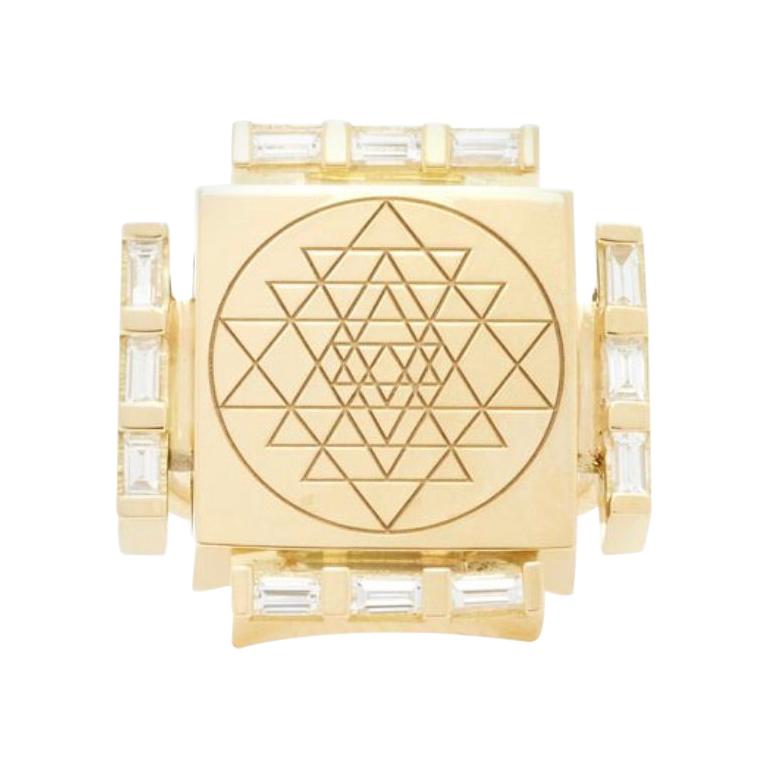 Gold Signet Ring with Diamonds and  Sri Yantra Engraving  For Sale