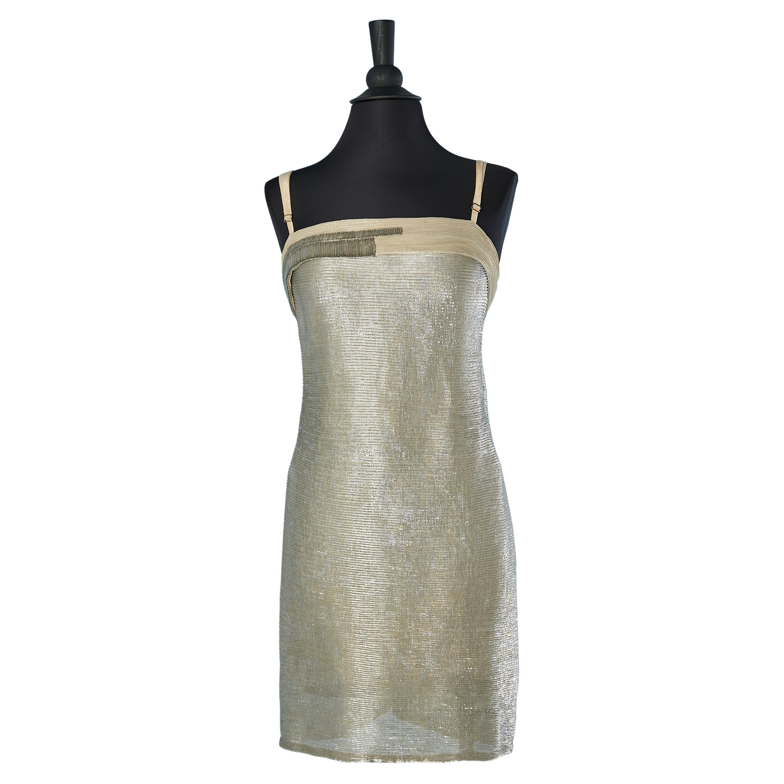 Gold silk chiffon lurex cocktail dress with beaded work Gianfranco Ferré For Sale