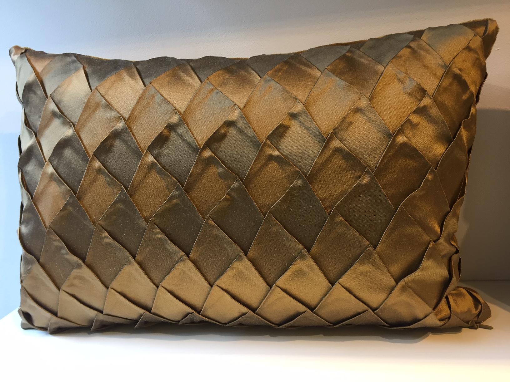 Modern Gold Silk Cushions Pleated Opal Pattern Embossed Rectangular