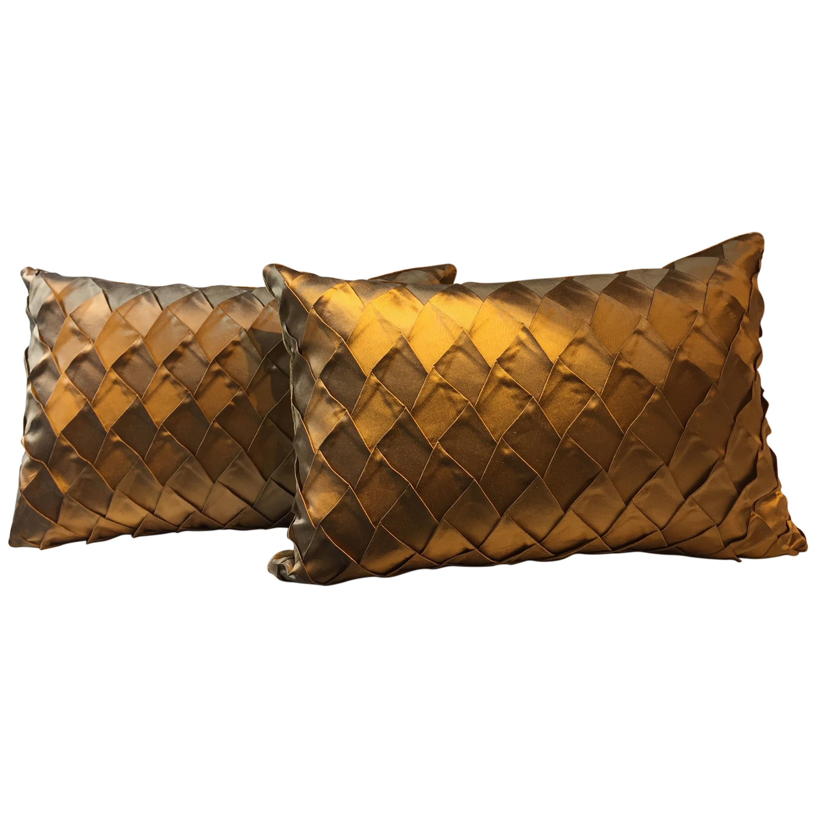Gold Silk Cushions Pleated Opal Pattern Embossed Rectangular