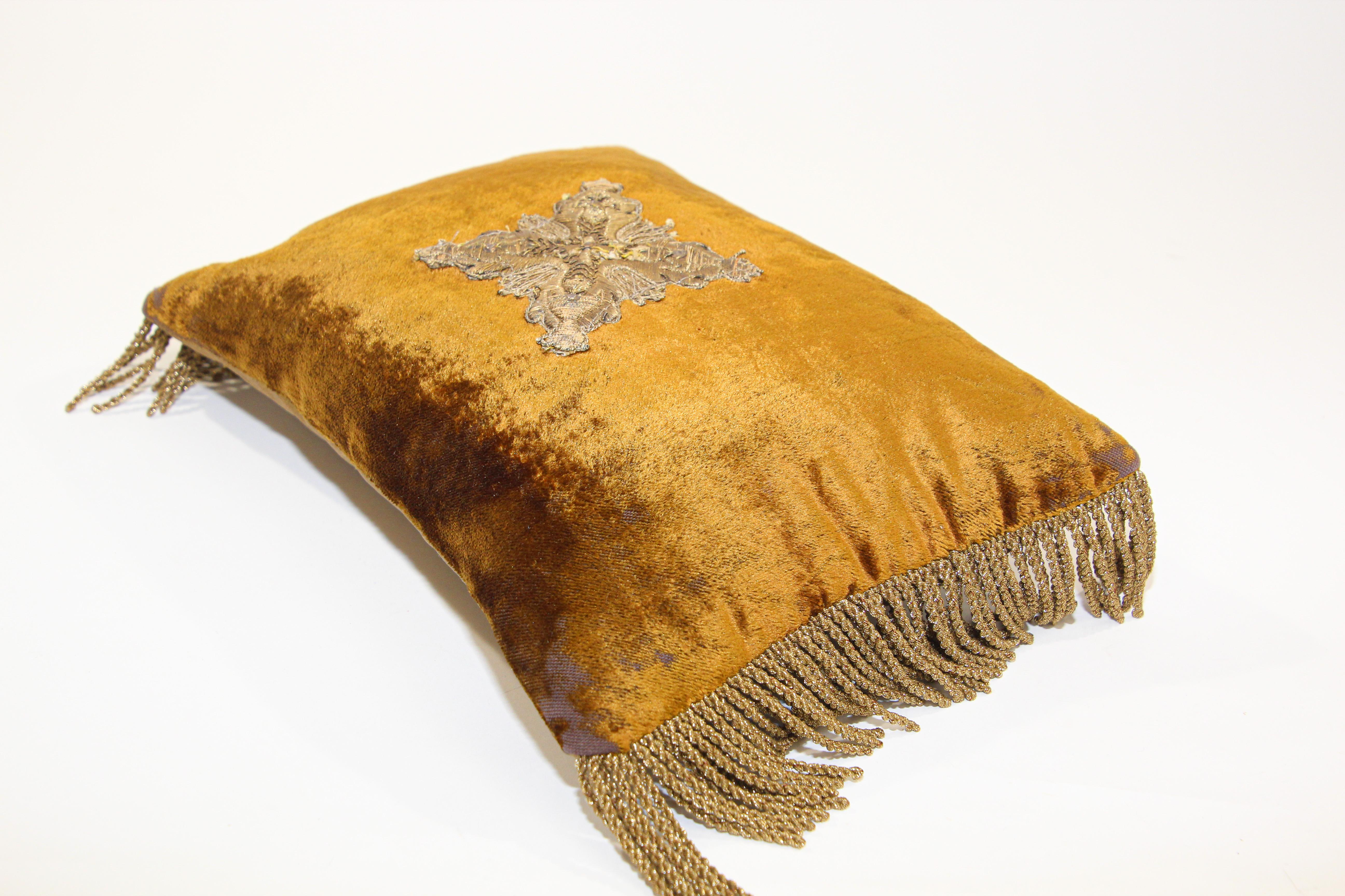 Gold Silk Velvet Throw Pillow Embroidered with Mettalic Design 2