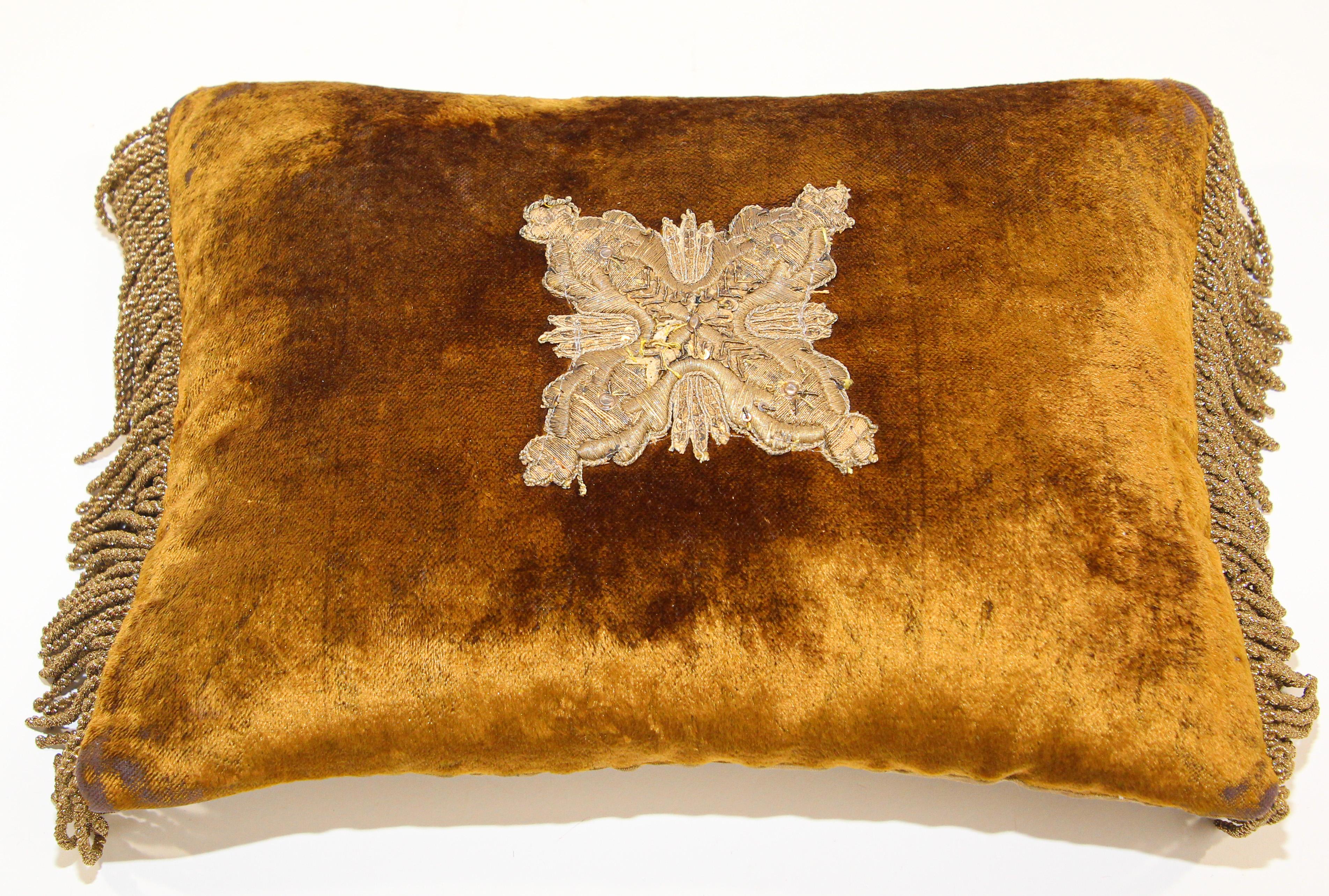 Gold Silk Velvet Throw Pillow Embroidered with Mettalic Design 3