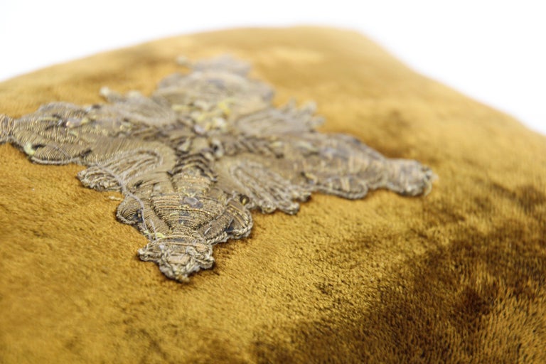 Gold Silk Velvet Throw Pillow Embroidered with Mettalic Design at