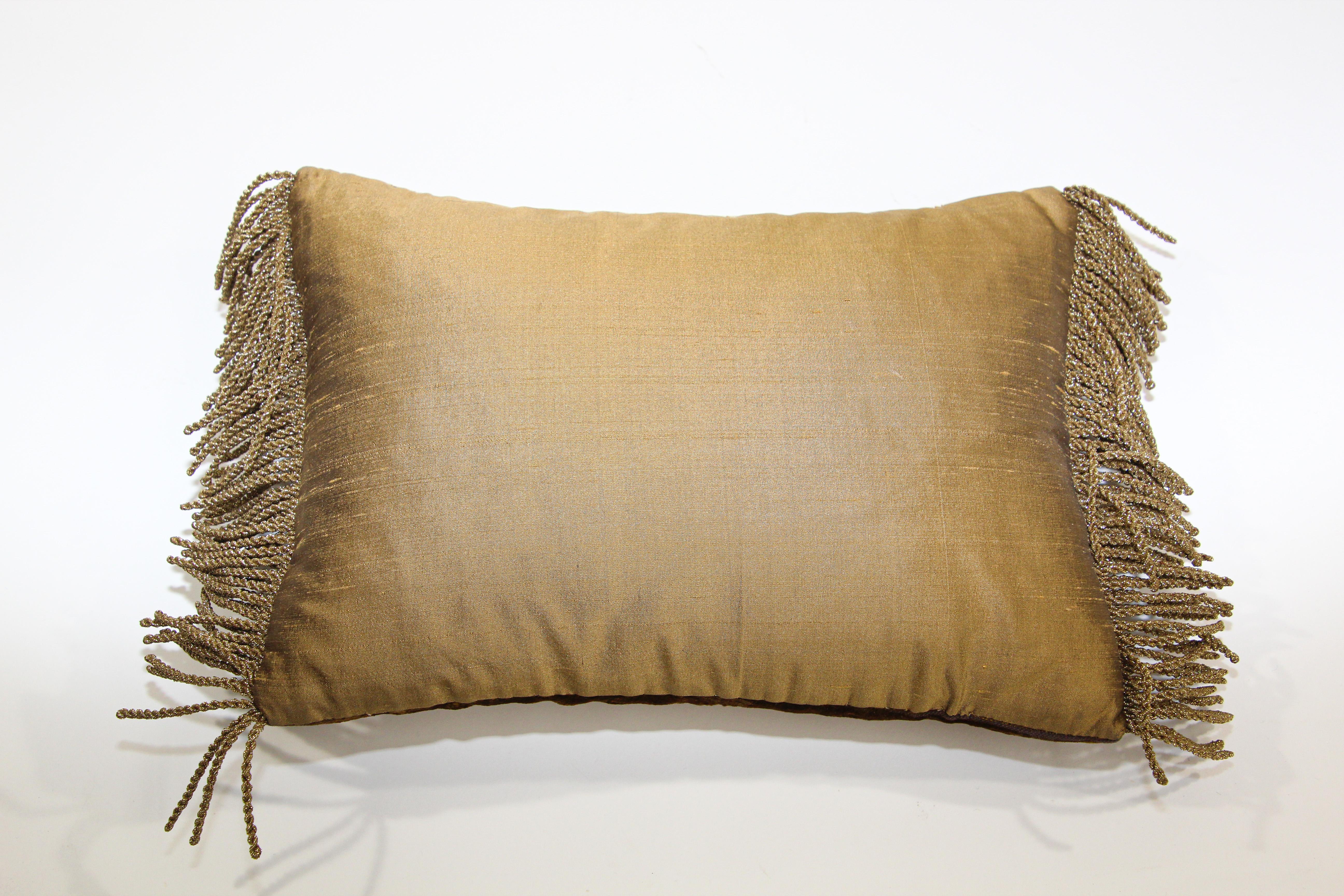 20th Century Gold Silk Velvet Throw Pillow Embroidered with Mettalic Design