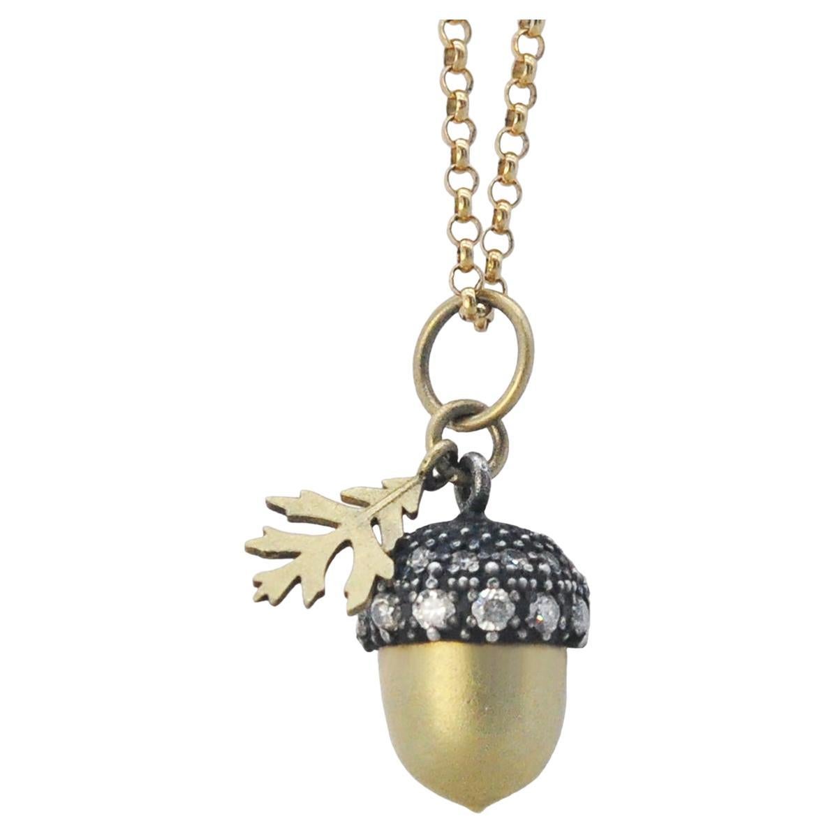 Gold, Silver and Diamond Acorn Necklace For Sale