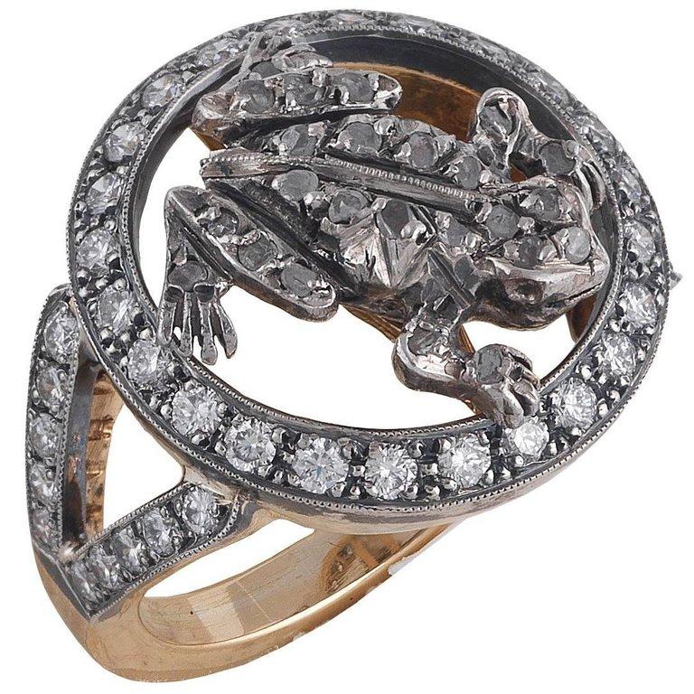 Modern Gold Silver and Diamond Frog Ring