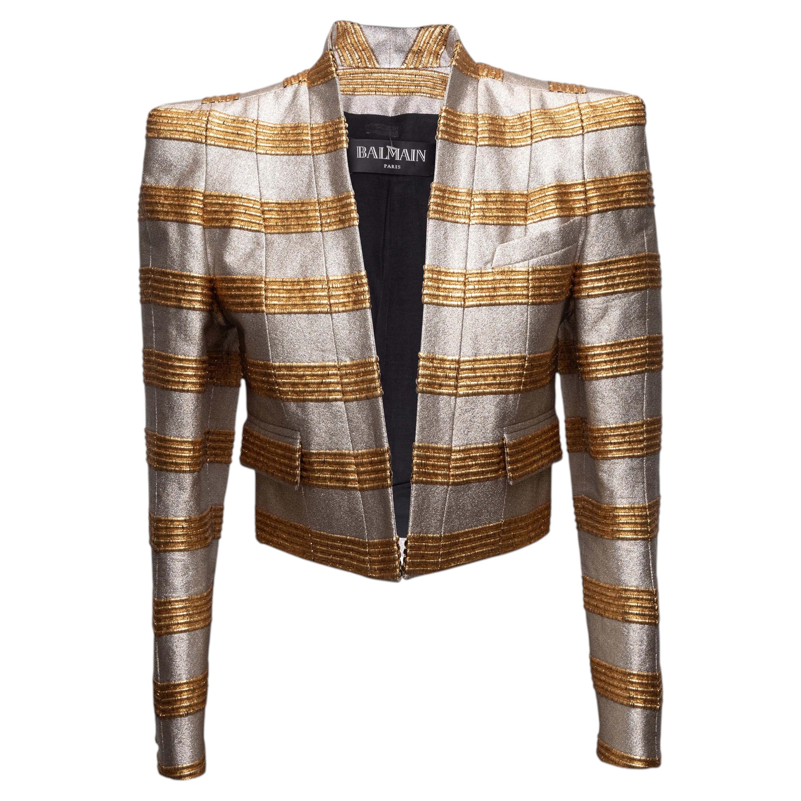 Gold & Silver Balmain Metallic Striped Jacquard Evening Jacket Size FR 38
