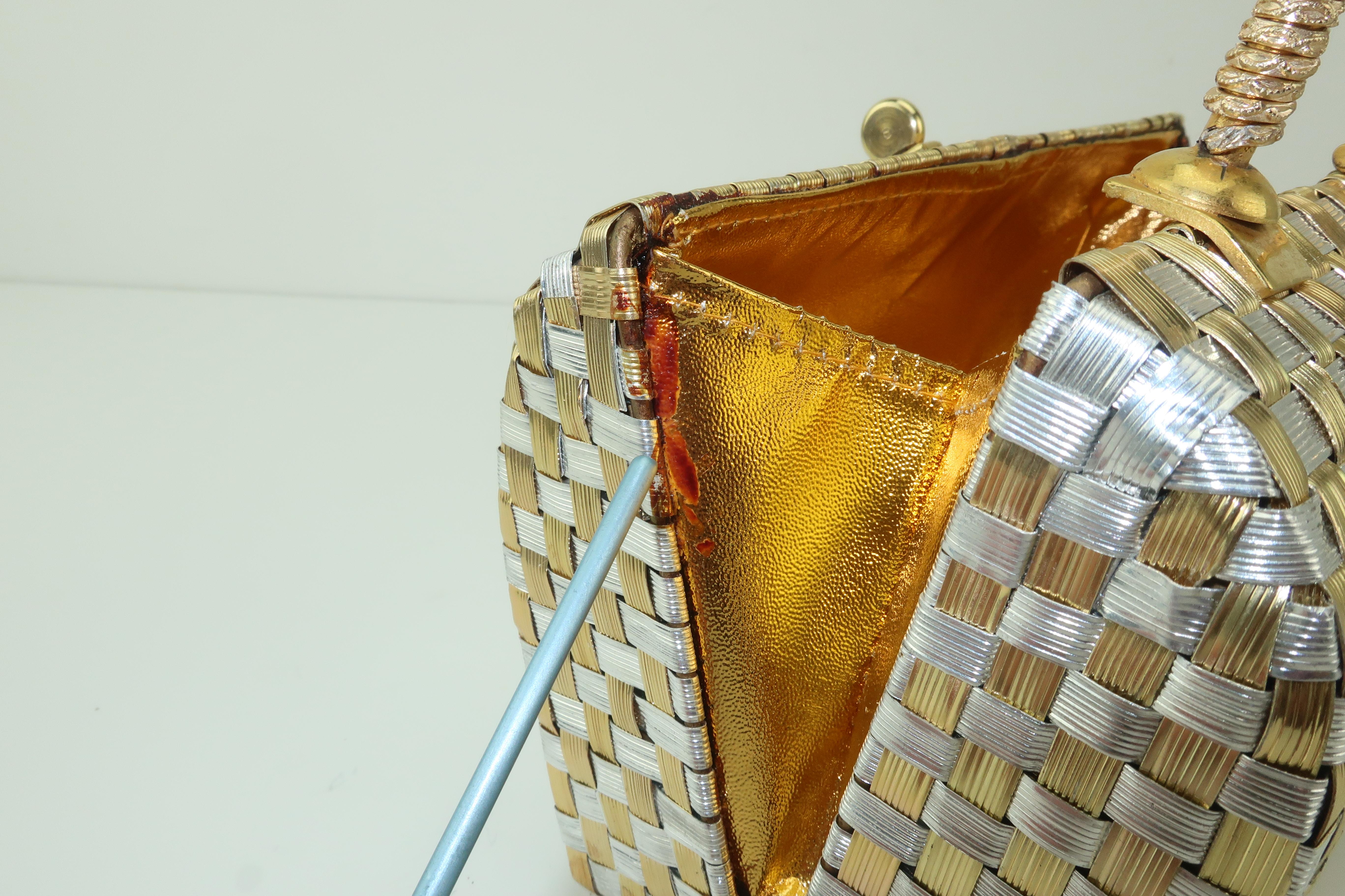 Gold & Silver Basket Weave Metal Handbag, 1950's 5