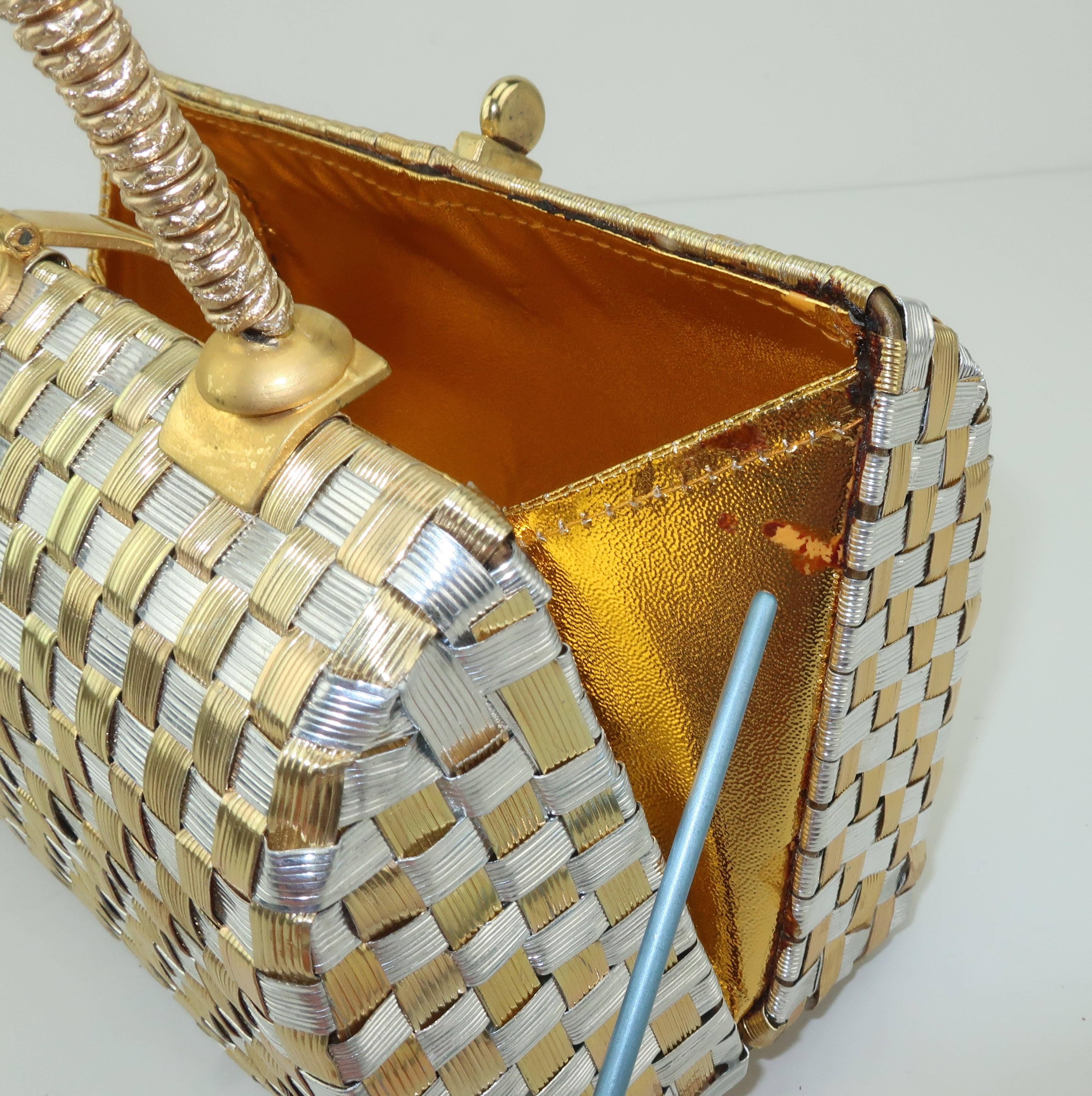 Gold & Silver Basket Weave Metal Handbag, 1950's 6