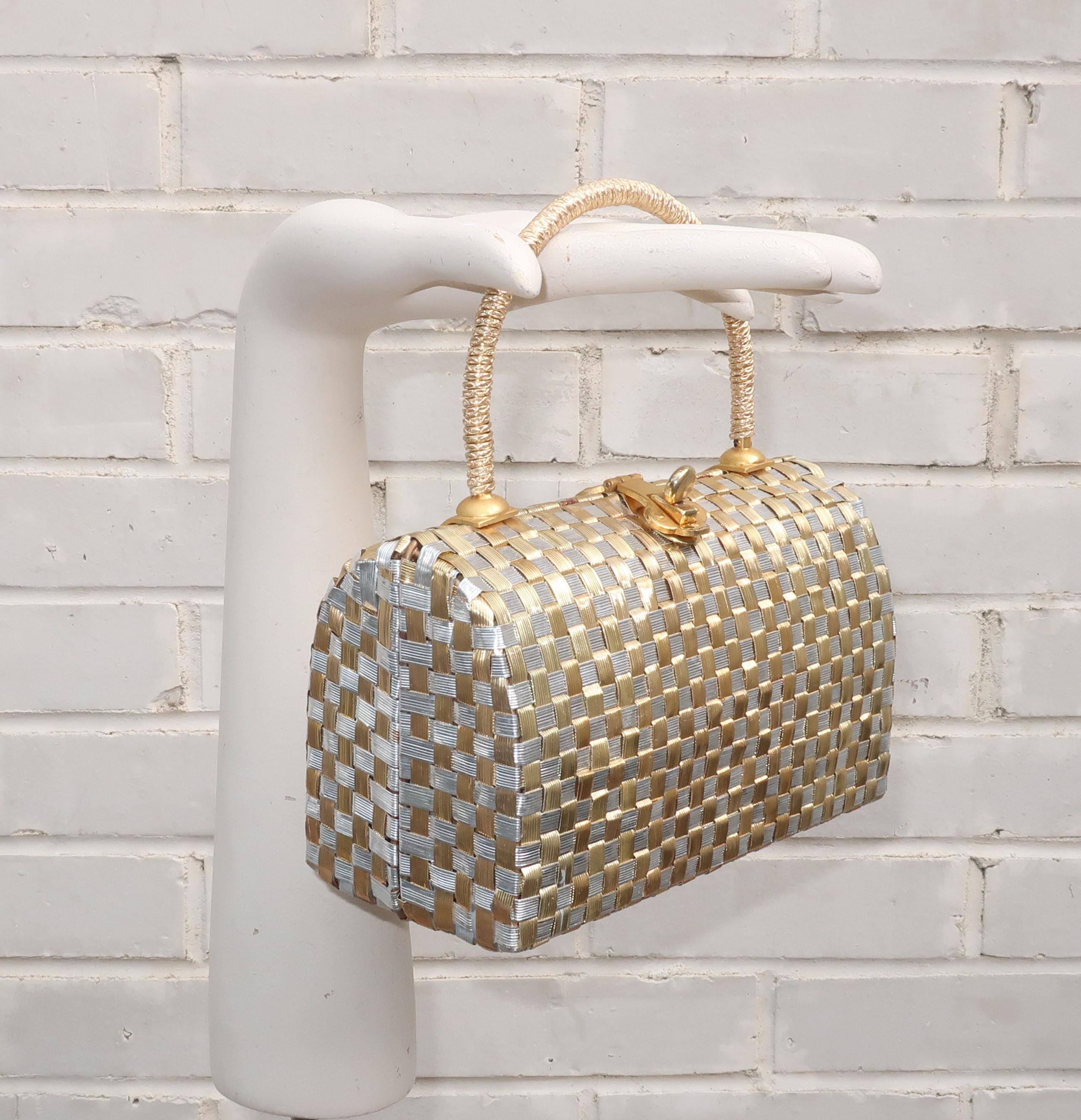 Gold & Silver Basket Weave Metal Handbag, 1950's 7