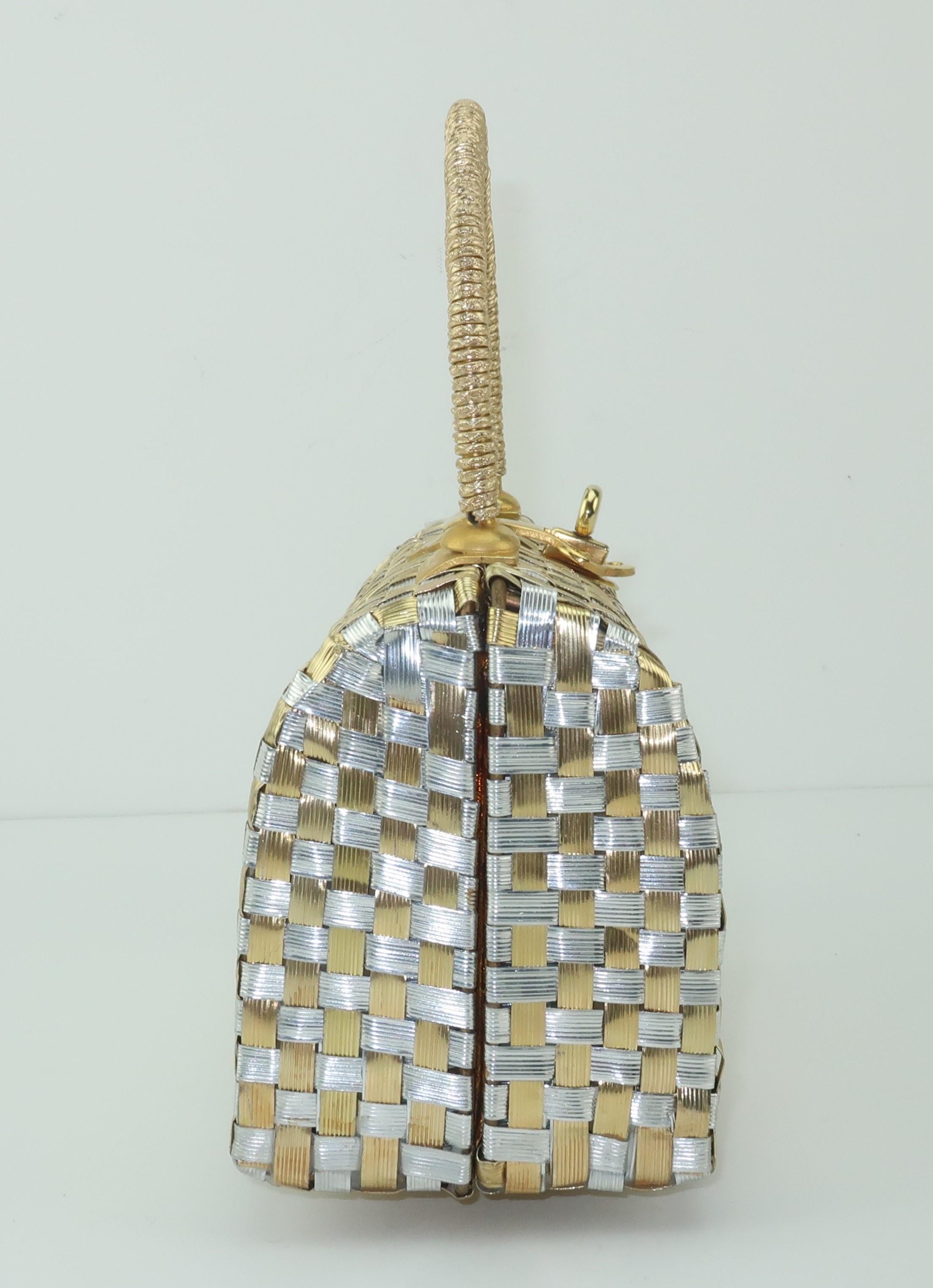 Beige Gold & Silver Basket Weave Metal Handbag, 1950's