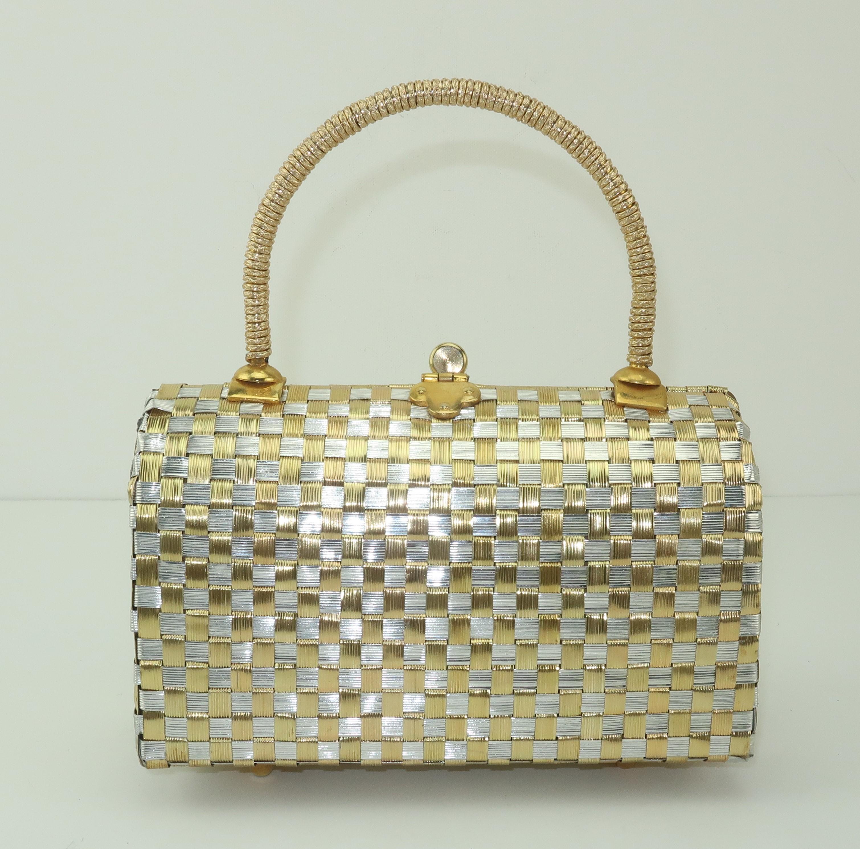 Gold & Silver Basket Weave Metal Handbag, 1950's In Good Condition In Atlanta, GA