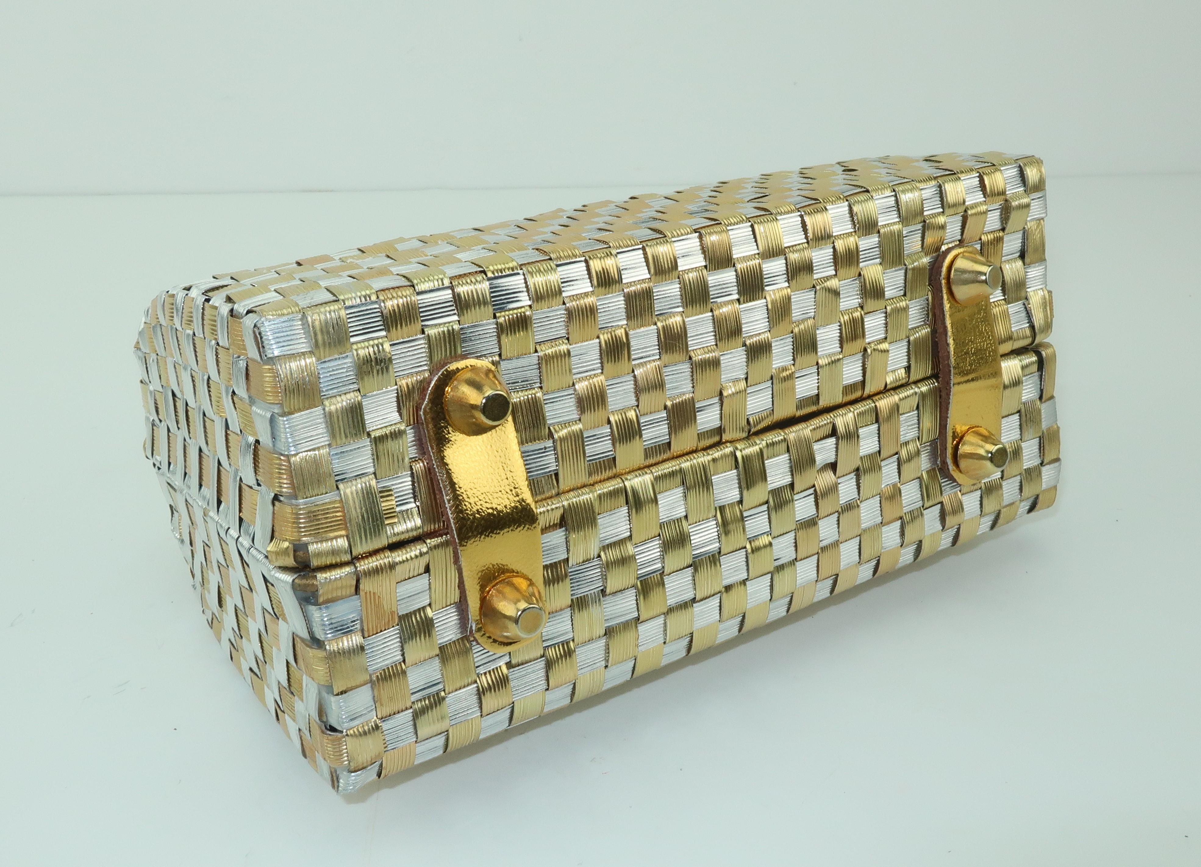 Women's Gold & Silver Basket Weave Metal Handbag, 1950's