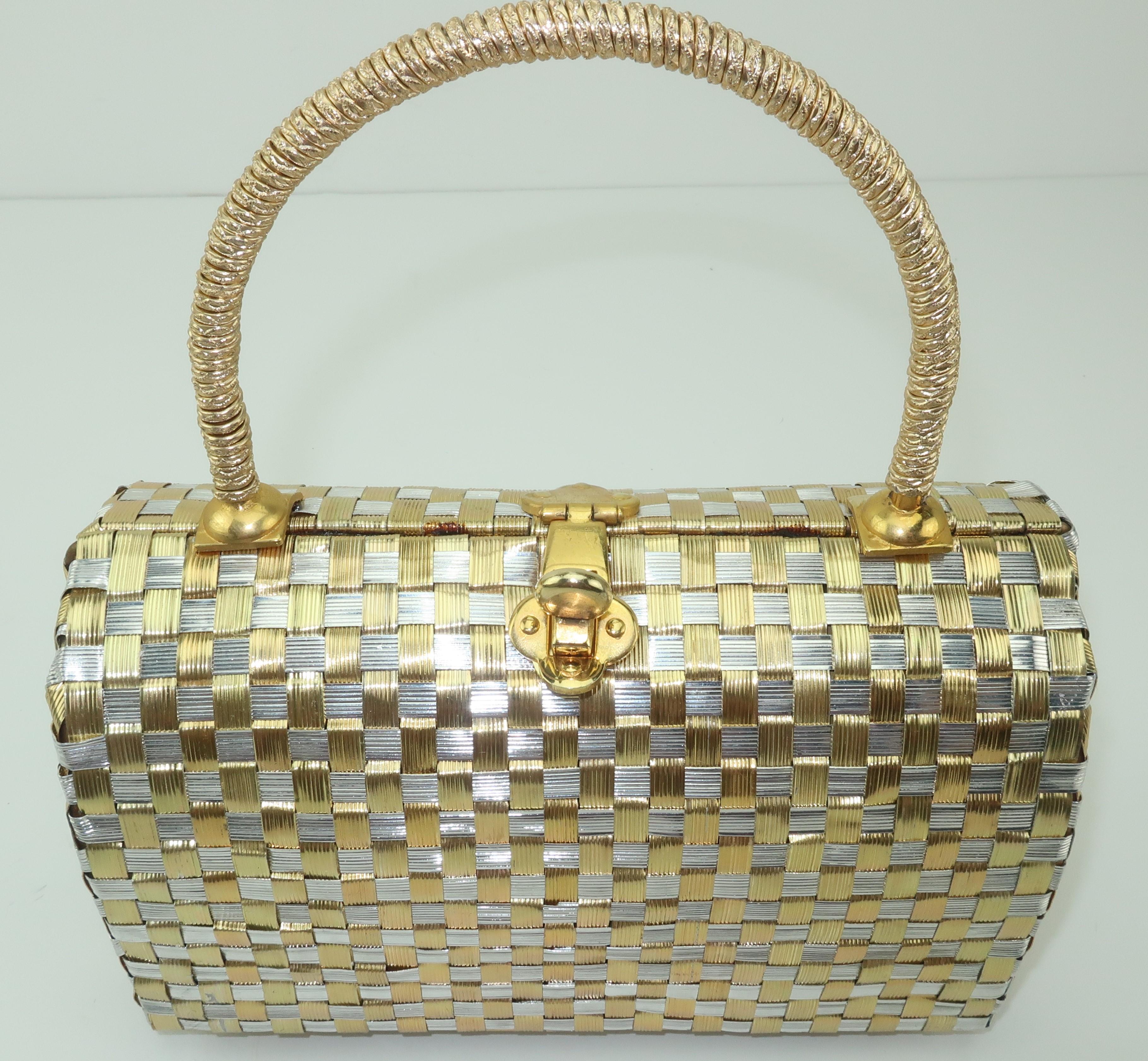 Gold & Silver Basket Weave Metal Handbag, 1950's 1