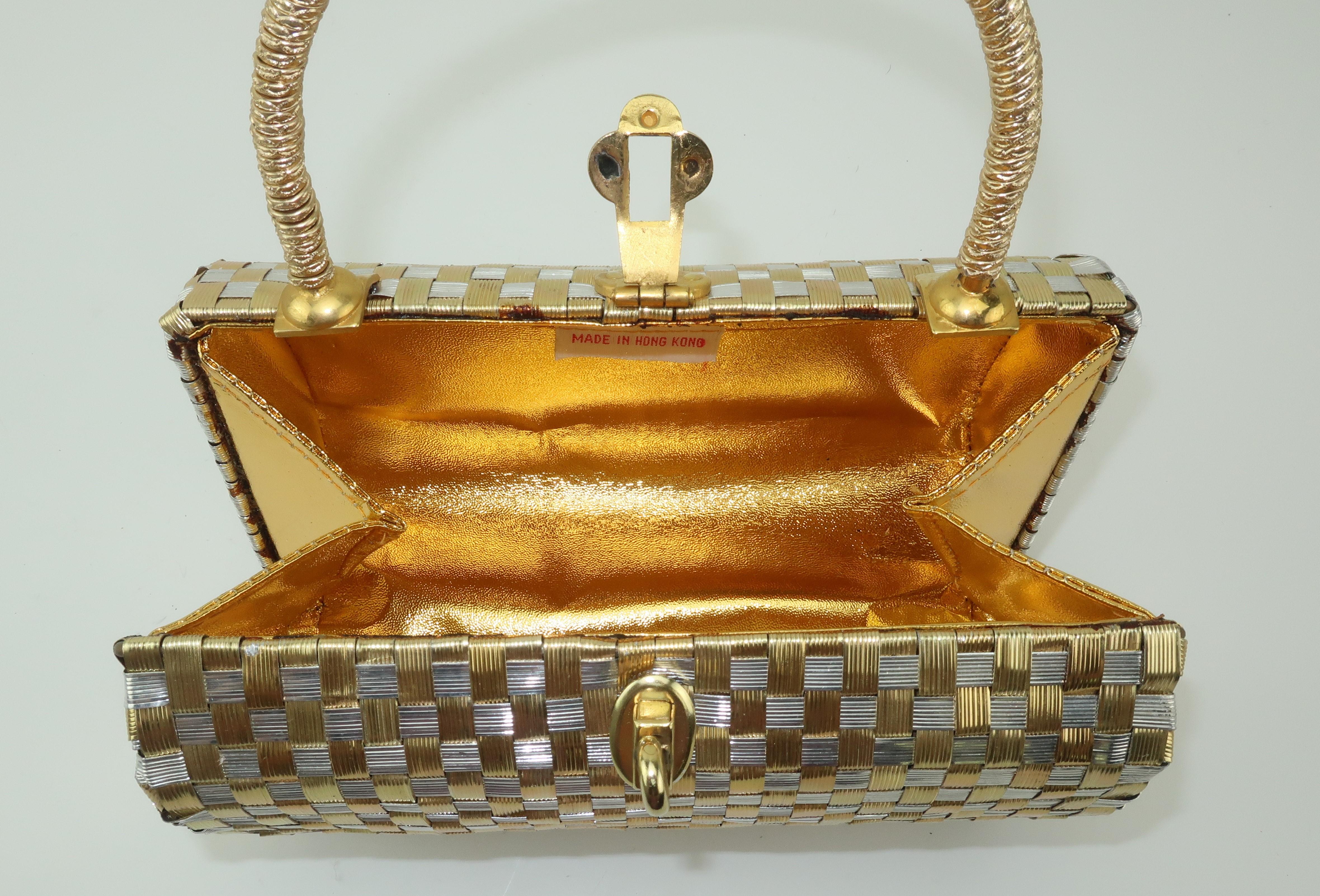 Gold & Silver Basket Weave Metal Handbag, 1950's 2
