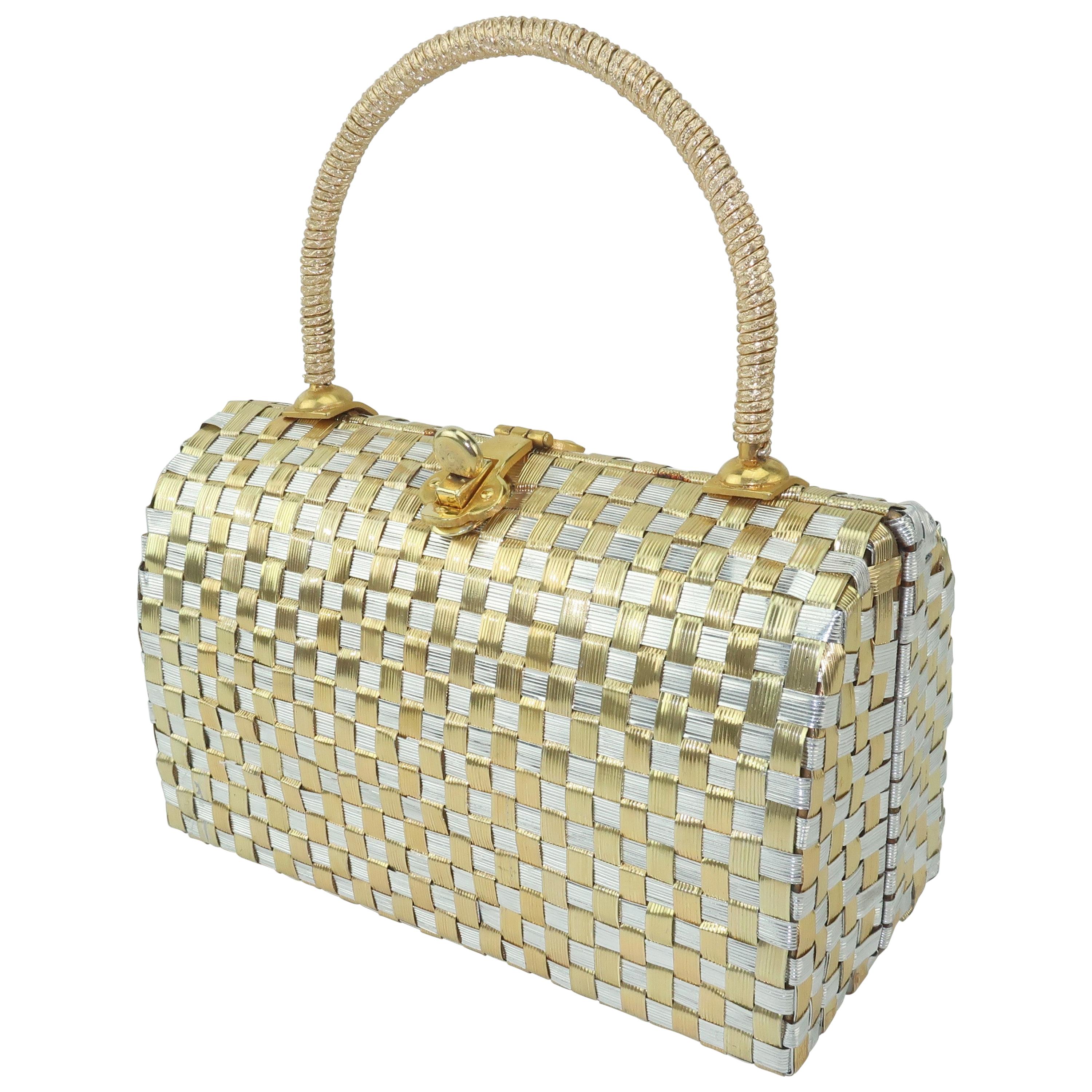 Gold & Silver Basket Weave Metal Handbag, 1950's