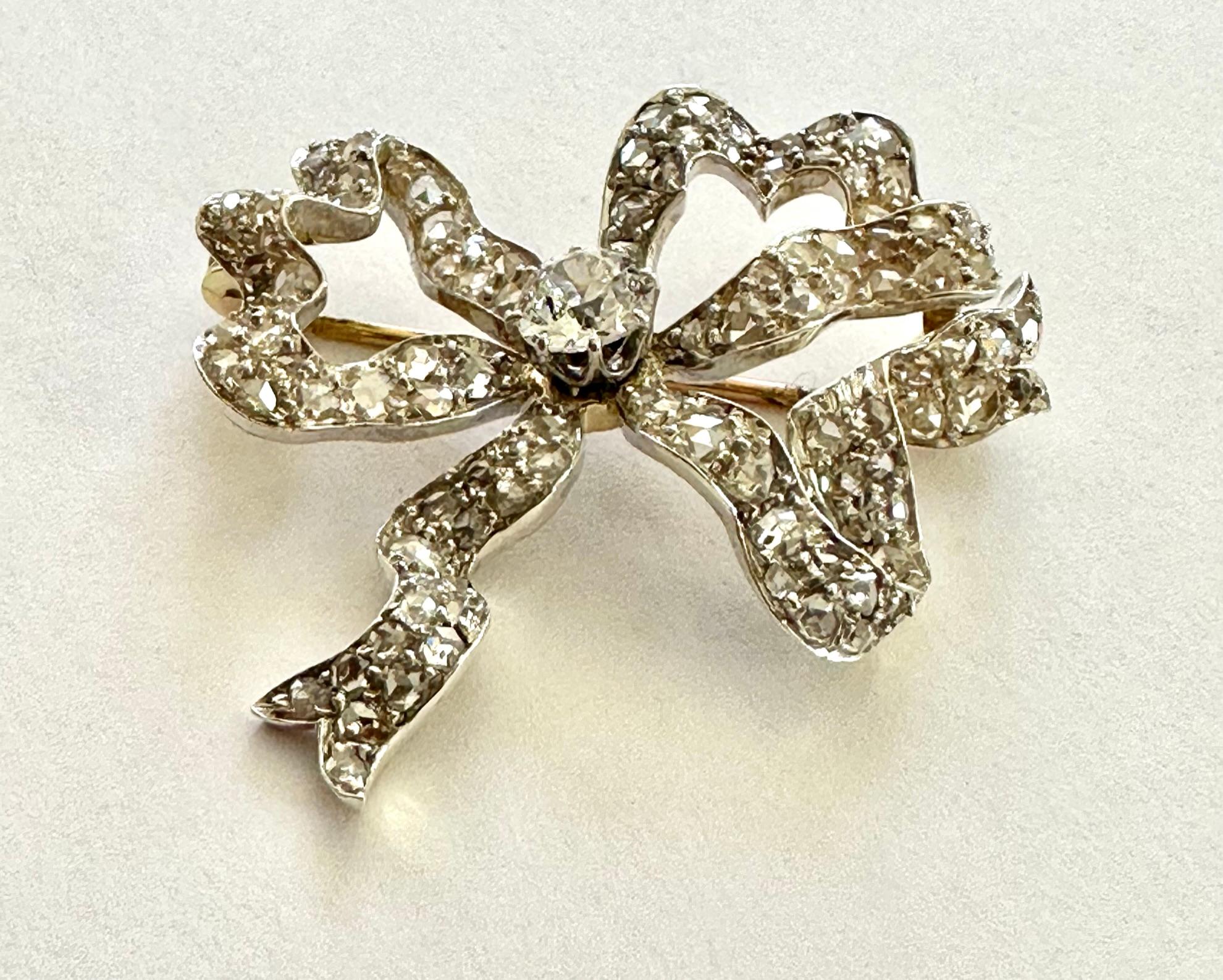 Victorian Gold/Silver Bow Brooch Diamonds, France, 1890