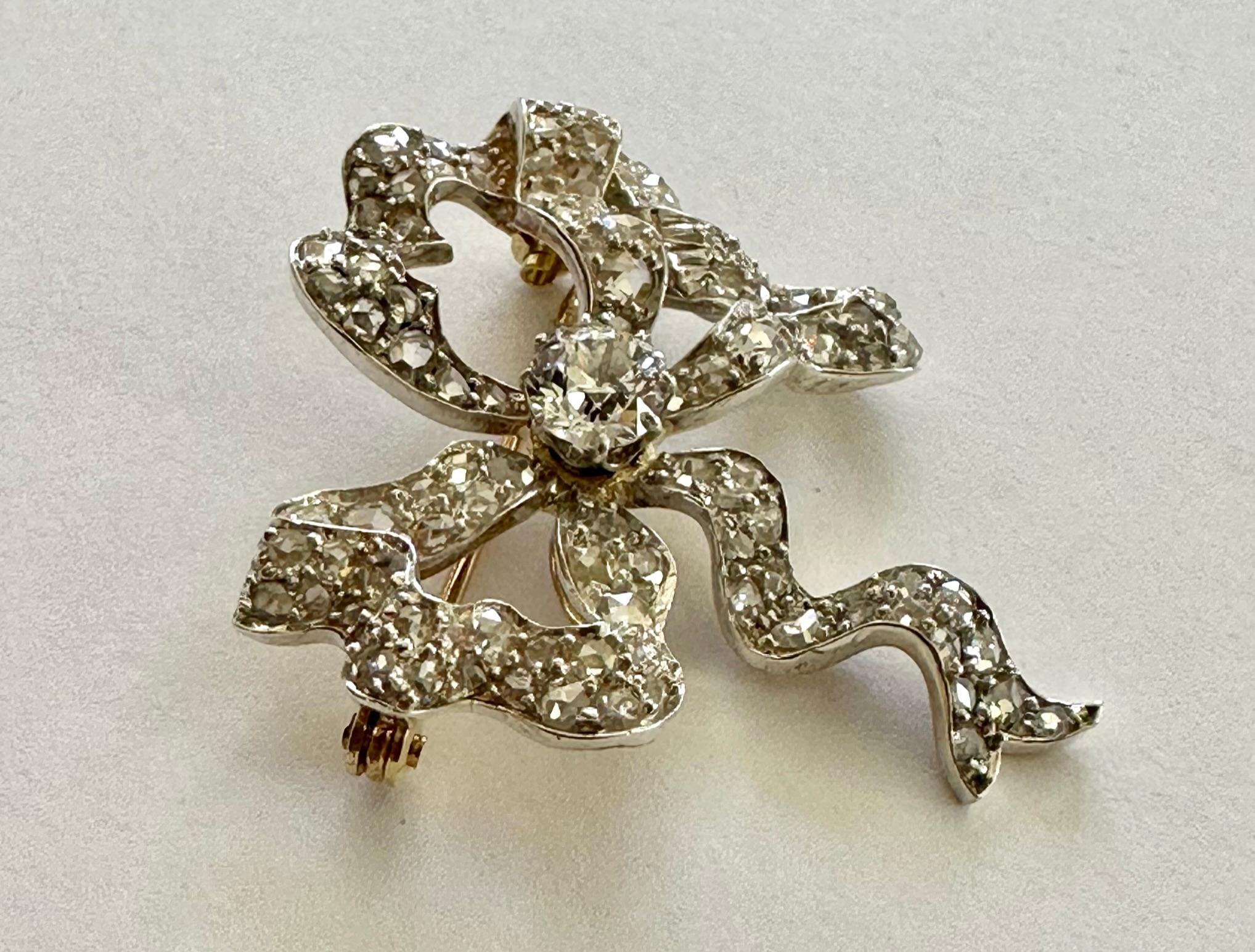 Old European Cut Gold/Silver Bow Brooch Diamonds, France, 1890
