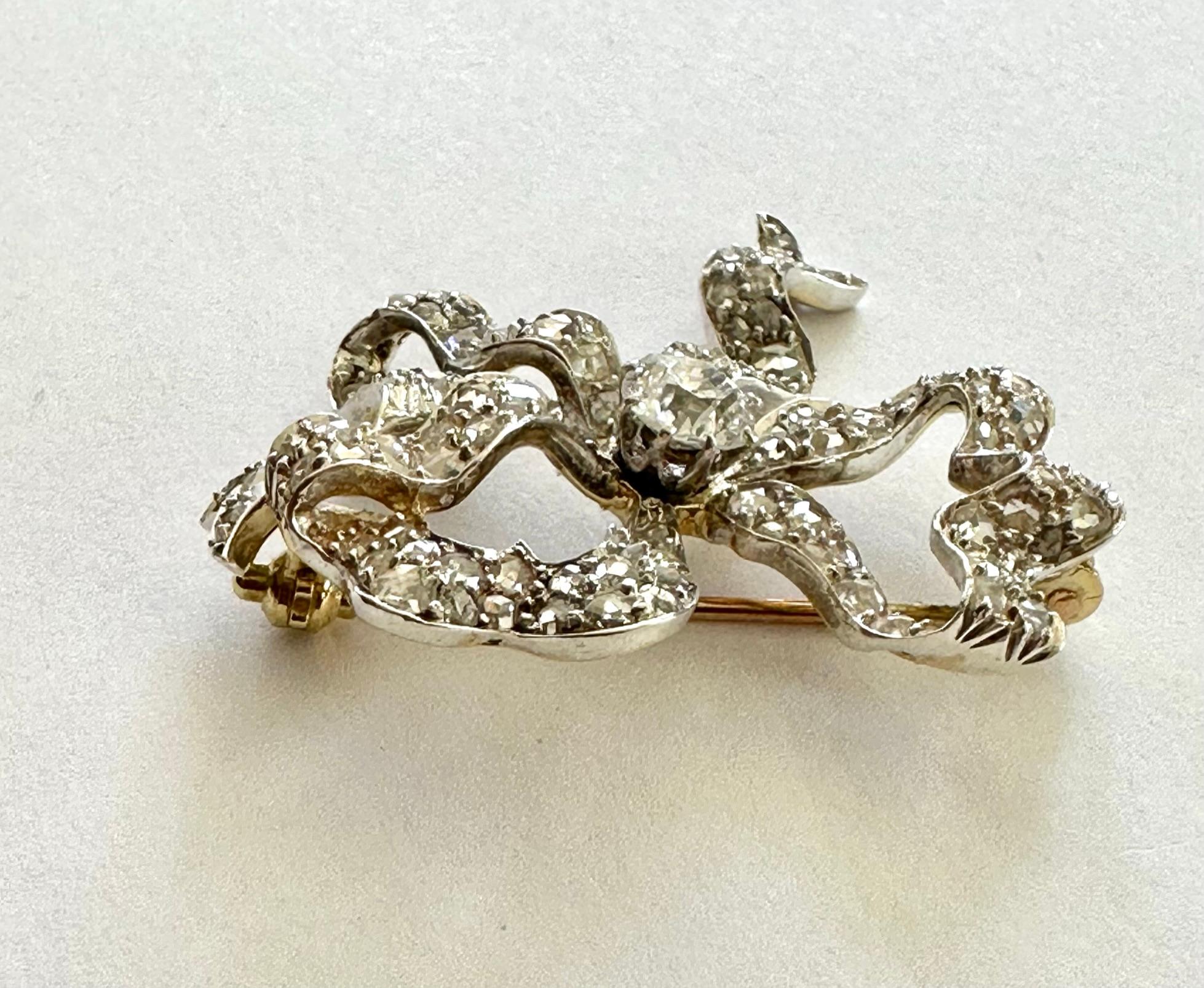 Gold/Silver Bow Brooch Diamonds, France, 1890 In Good Condition In Heerlen, NL