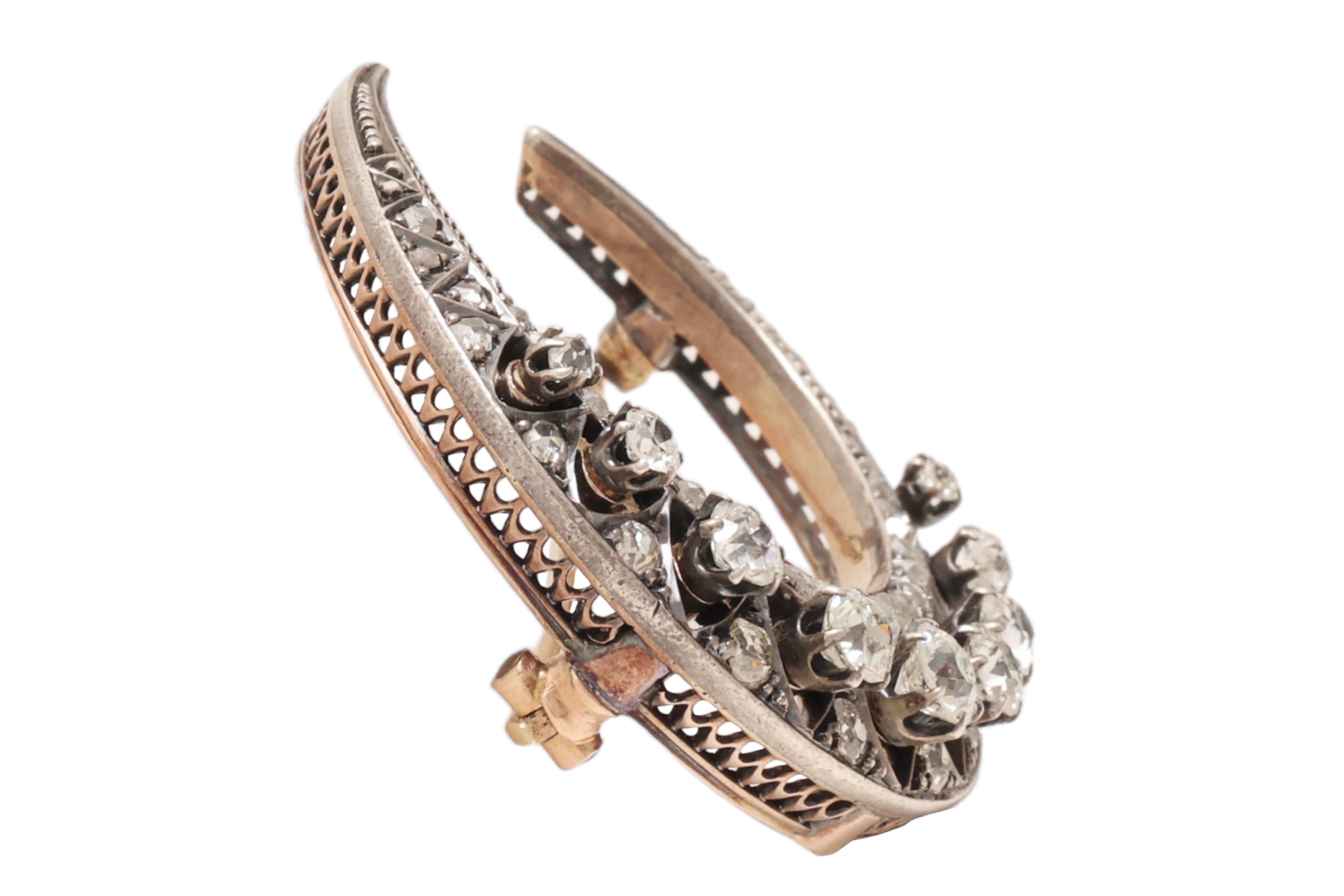Gold & Silver Brooch with 3.45 Ct. Old Mine & Rose Cut Diamond For Sale 1