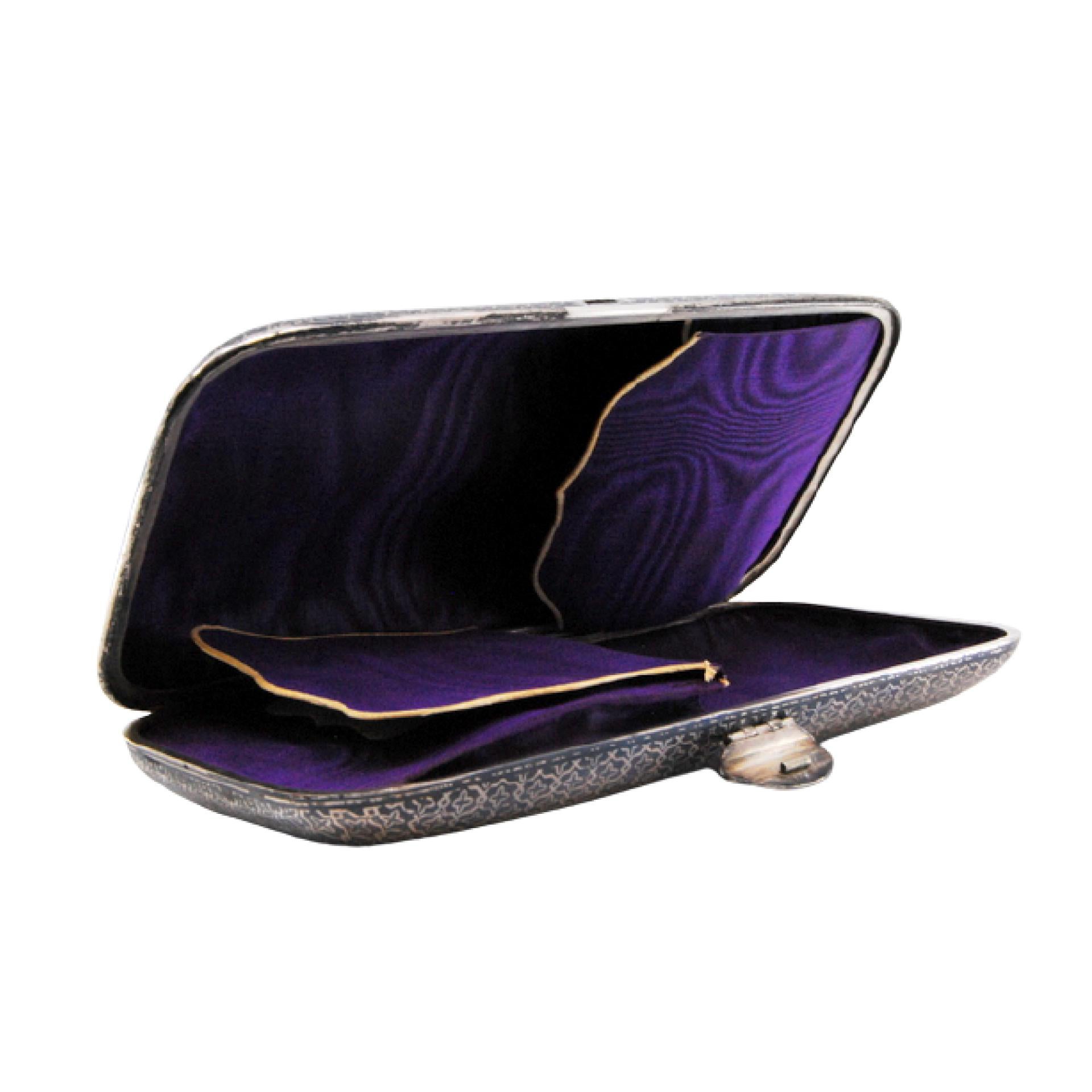 Gold & silver cigar case w/ two purple fabric compartments & a matchbox function For Sale