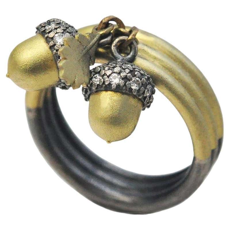 Customizable Prehnite, Silver and Gold Oak Leaf Ring For Sale at 1stDibs