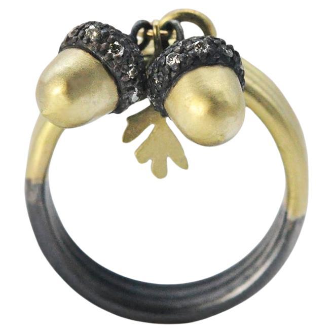 Gold, Silver & Diamond Acorn Charm Ring