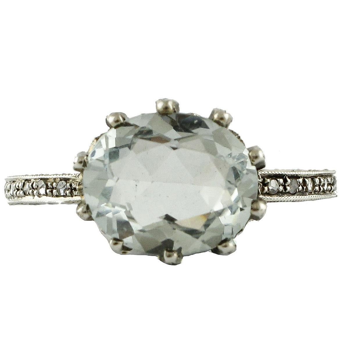  Gold Silver Diamond Aquamarine Solitaire Ring