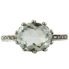 Vintage  Gold Silver Diamond Aquamarine Solitaire Ring